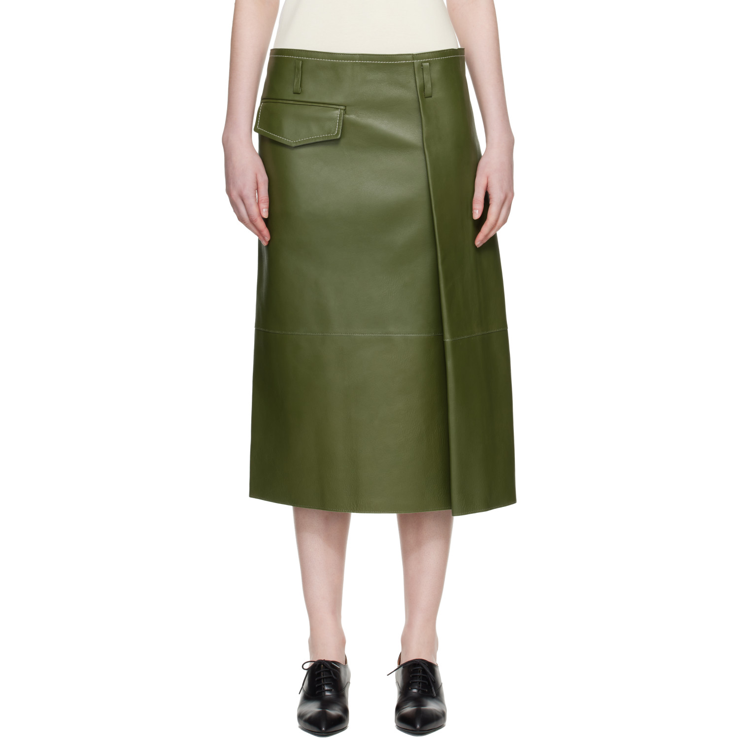 Marni Green Pocket Bonded Nappa Leather Midi Skirt