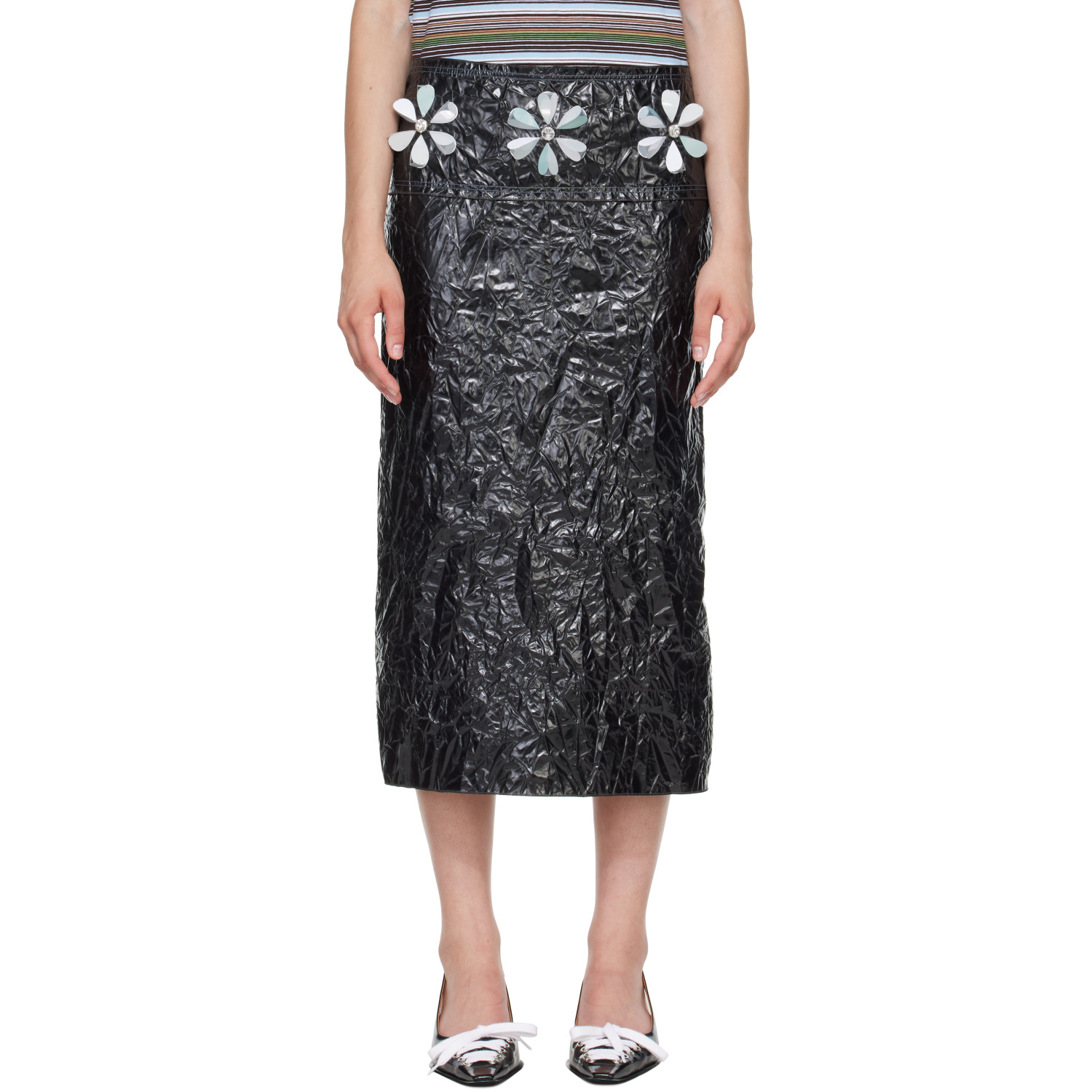 Marni Black Daisy Details Crinkled Midi Skirt