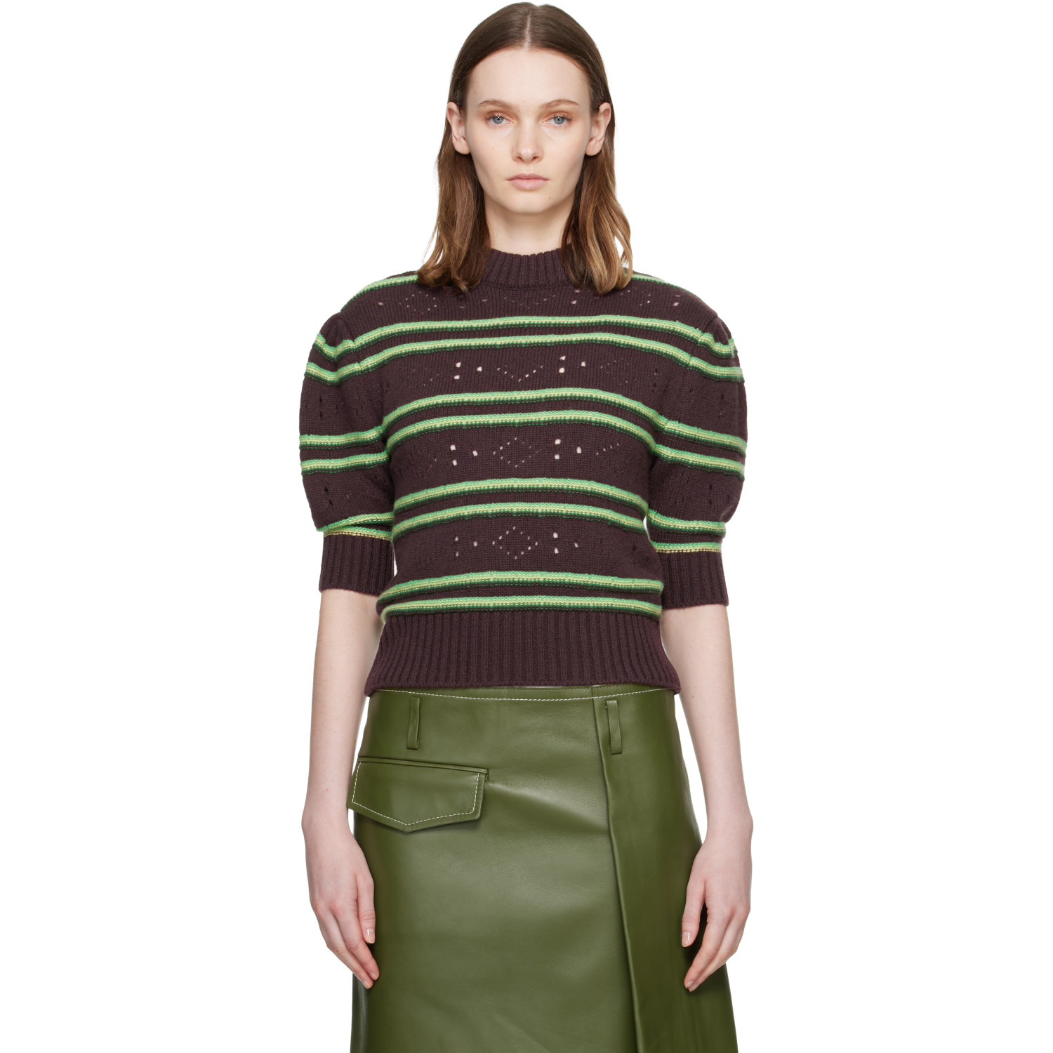 Marni Brown Short Sleeve Striped Crewneck Sweater