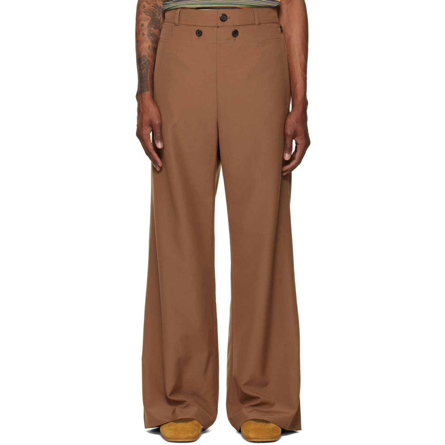 Marni Brown Technical Wool Buttoned Flap Trousers