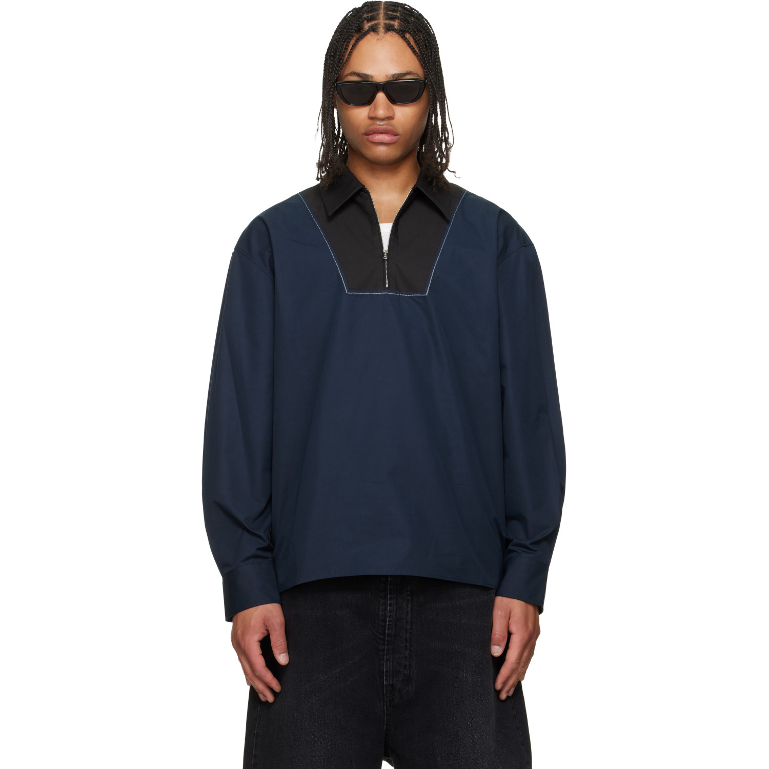 Marni Navy Poplin Zip Bib Shirt