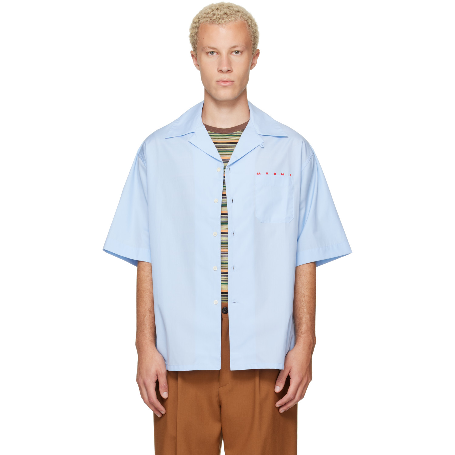 Marni Blue Peeping Marni Logo Poplin Bowling Shirt