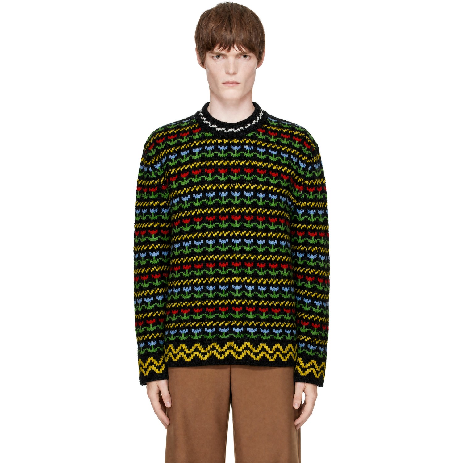 Marni Black Shetland Wool Fairisle Motif Sweater