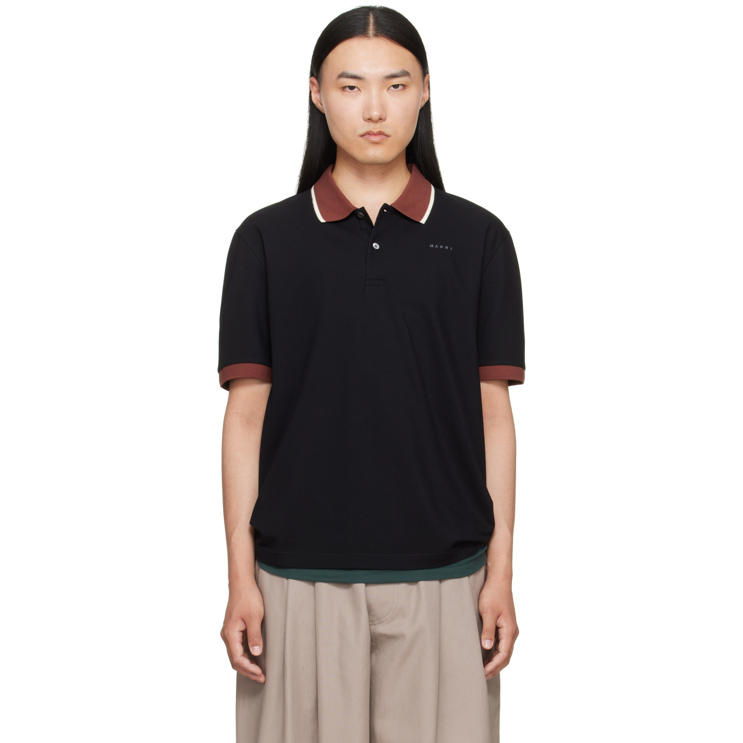 Marni Black Embroidered-Logo Polo