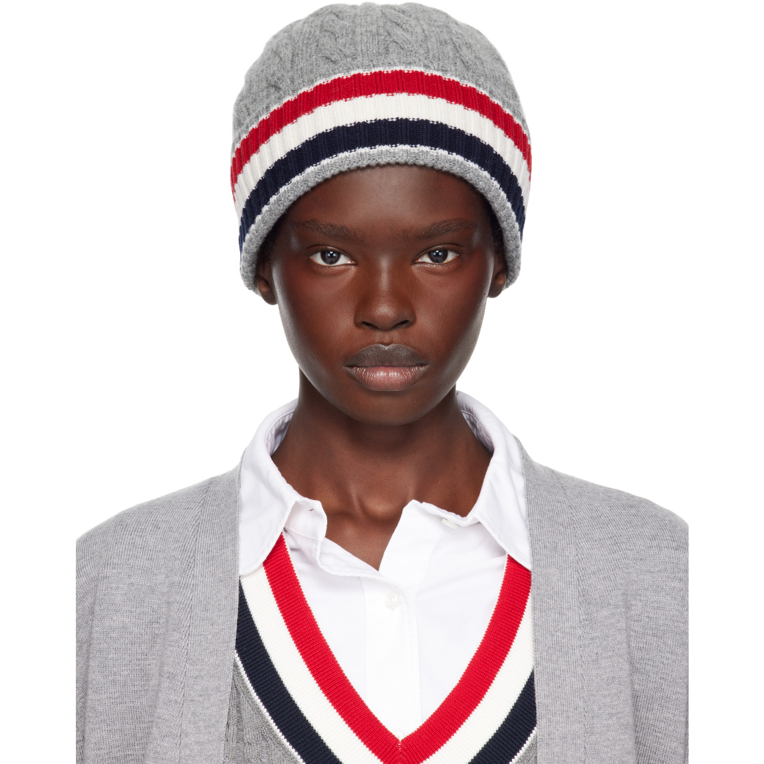 Thom Browne Gray Cable & Rib Merino Wool RWB Stripe Beanie