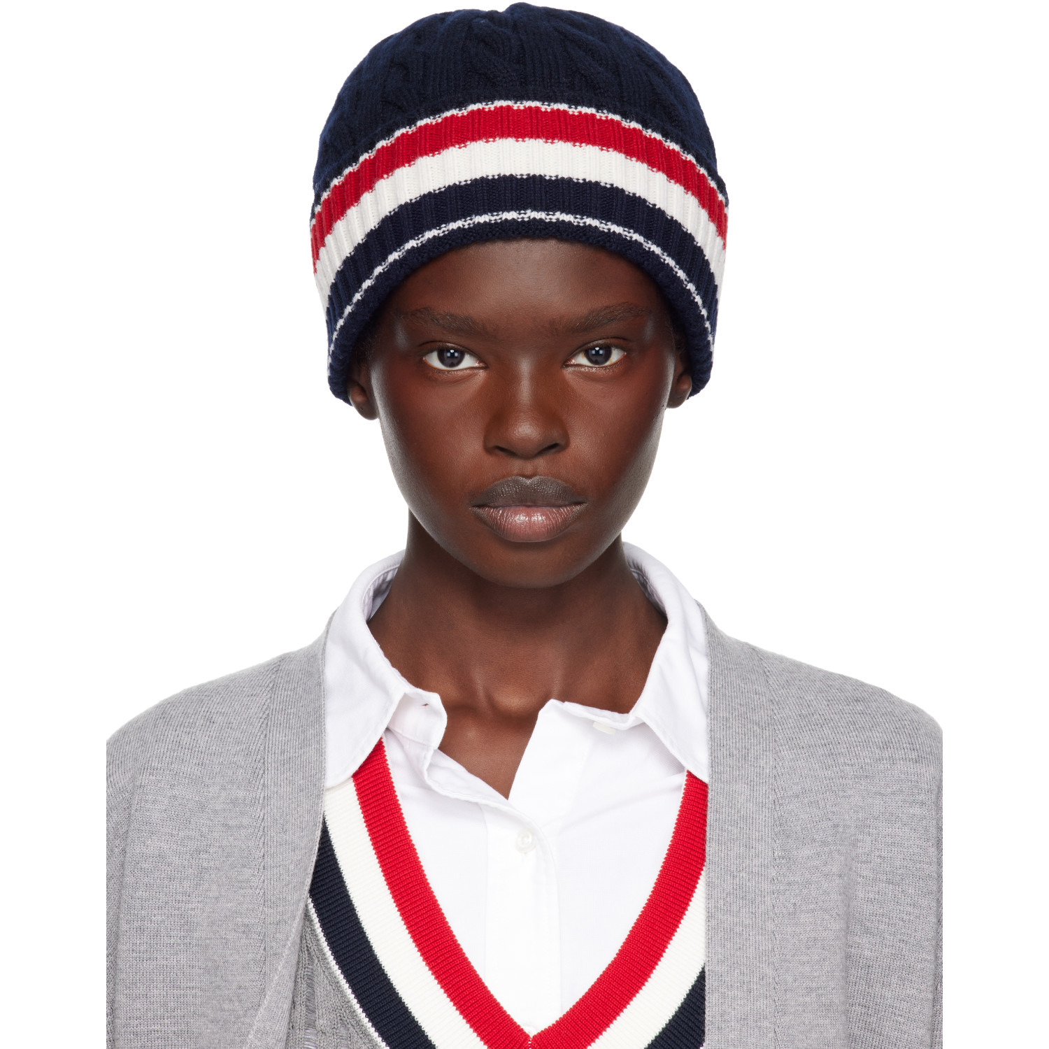 Thom Browne Navy Cable & Rib Merino Wool RWB Stripe Beanie