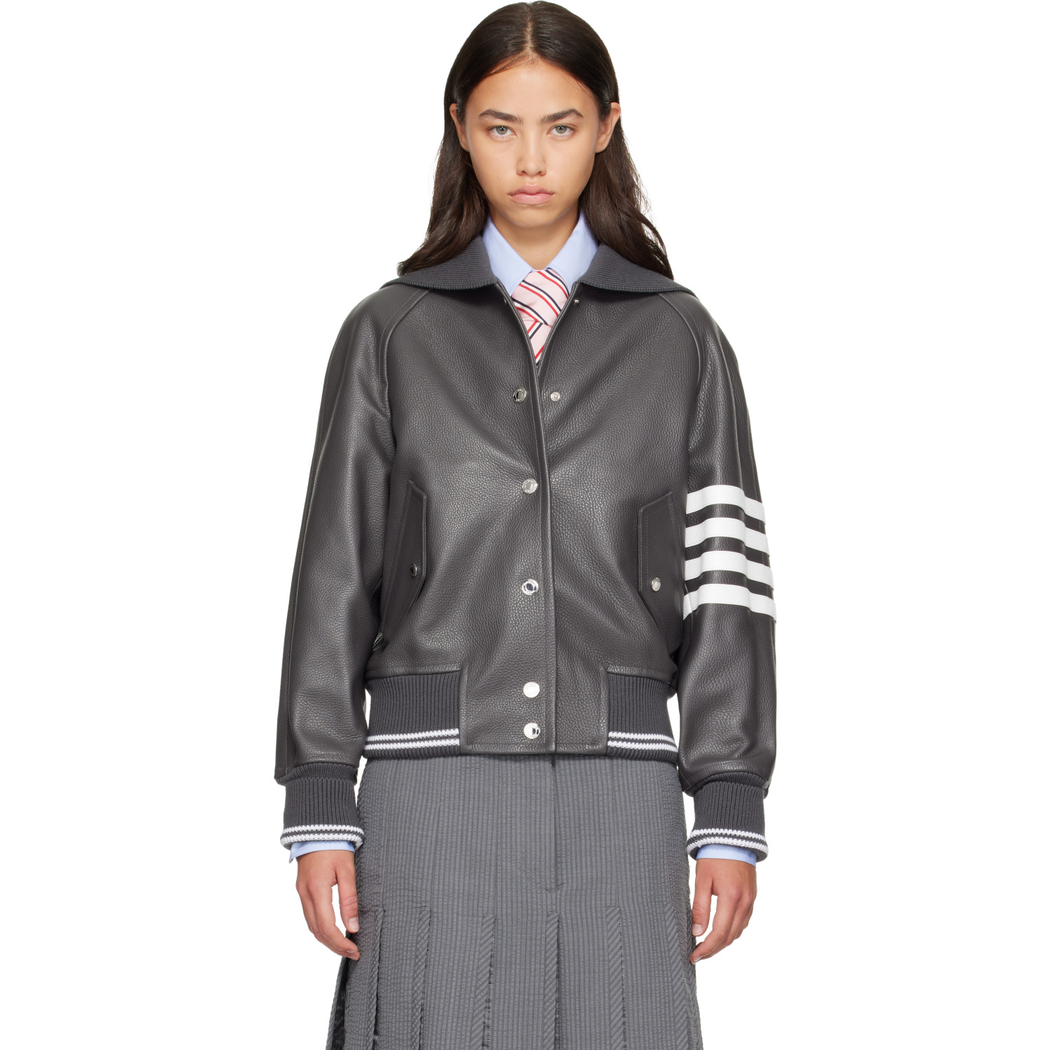 Thom Browne Gray Leather 4-Bar Oversized Blouson Jacket