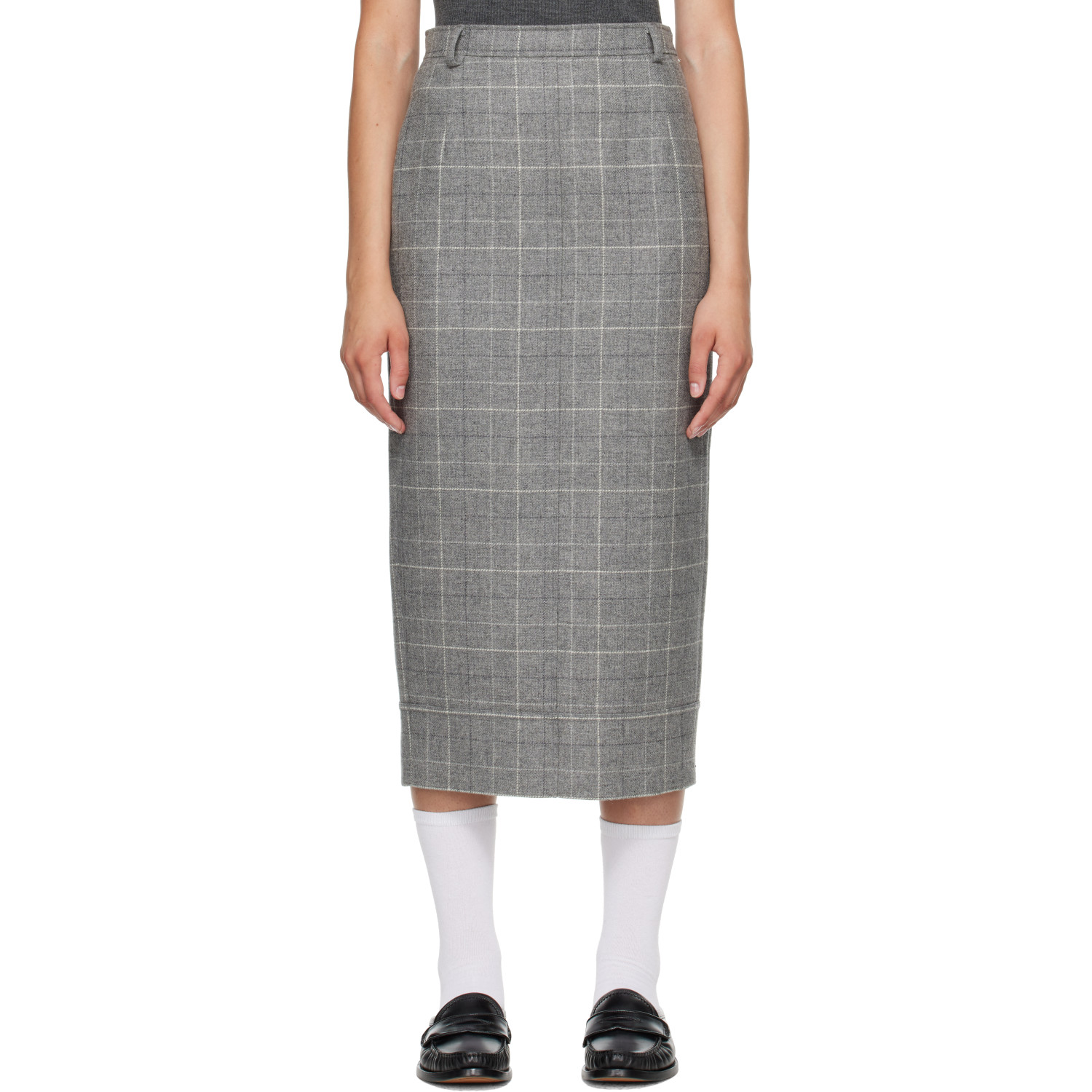 Thom Browne Gray High-Waisted Check Flannel Midi Skirt