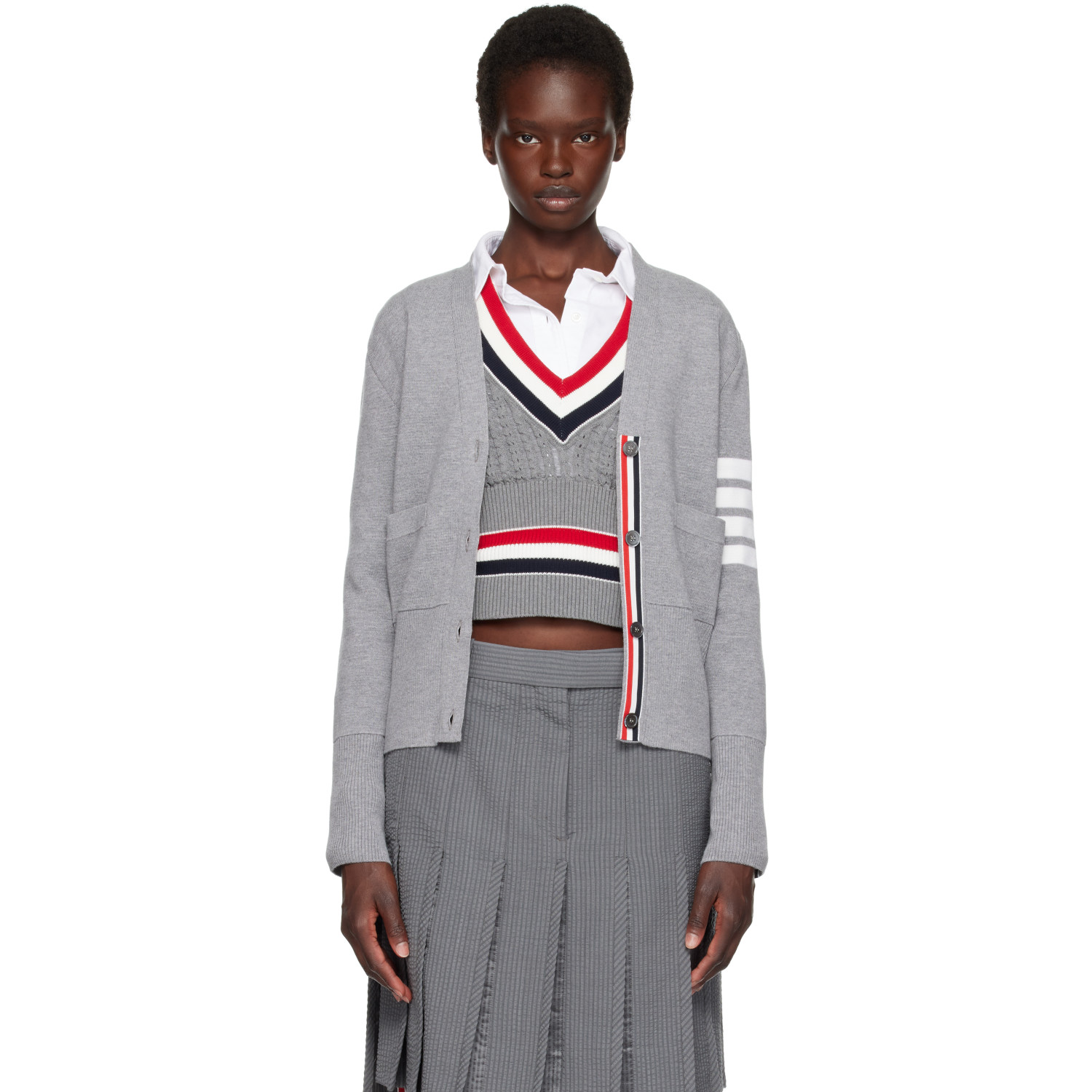 Thom Browne Gray Wool 4-Bar V-Neck Cardigan