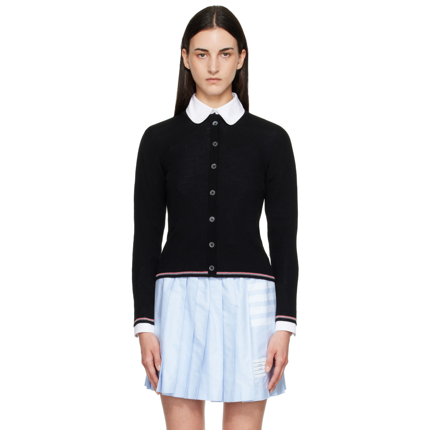 Thom Browne Black Rib Stitch Crew Neck Merino Wool Cardigan