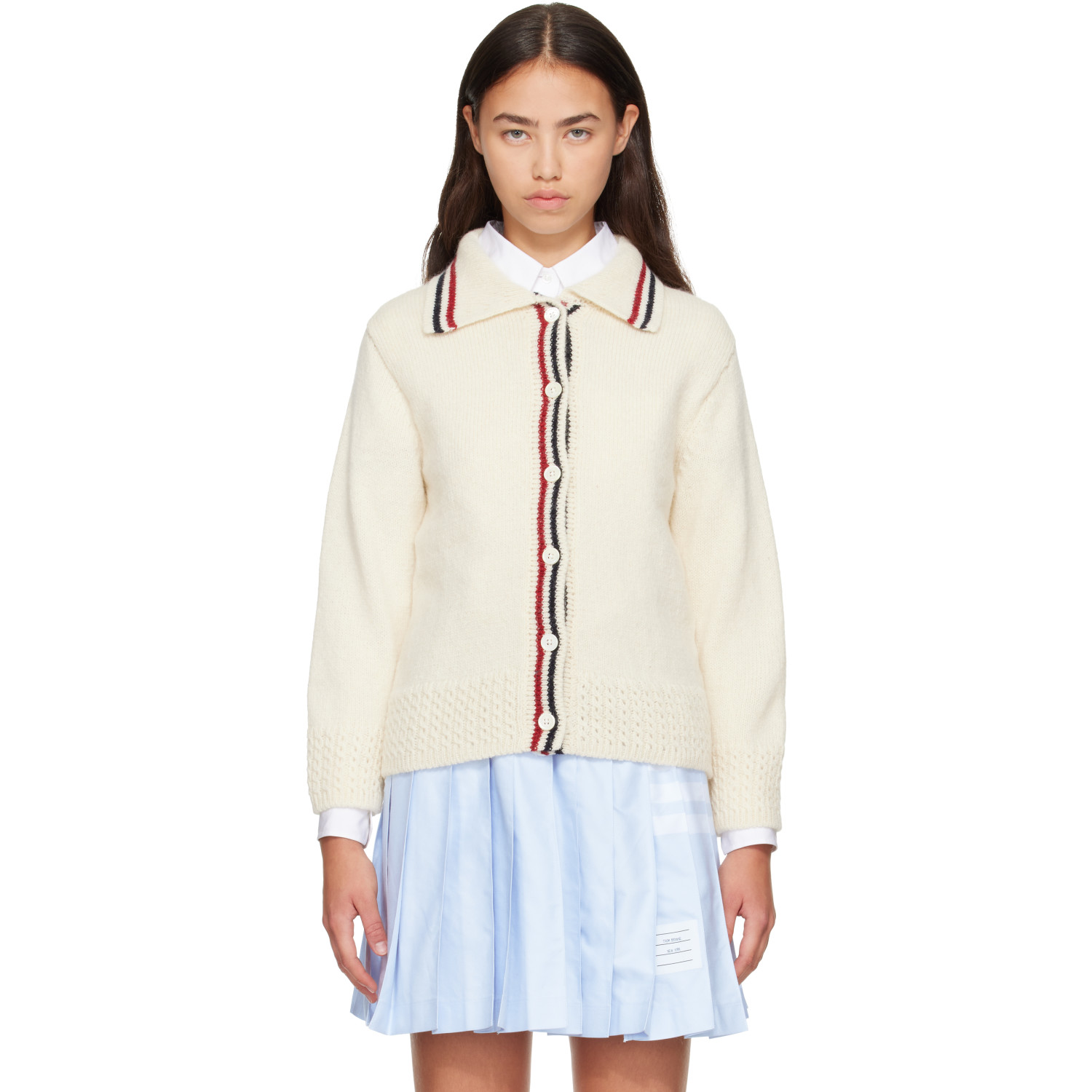 Thom Browne Off-White Donegal RWB Stripe Hector Pointelle Cardigan