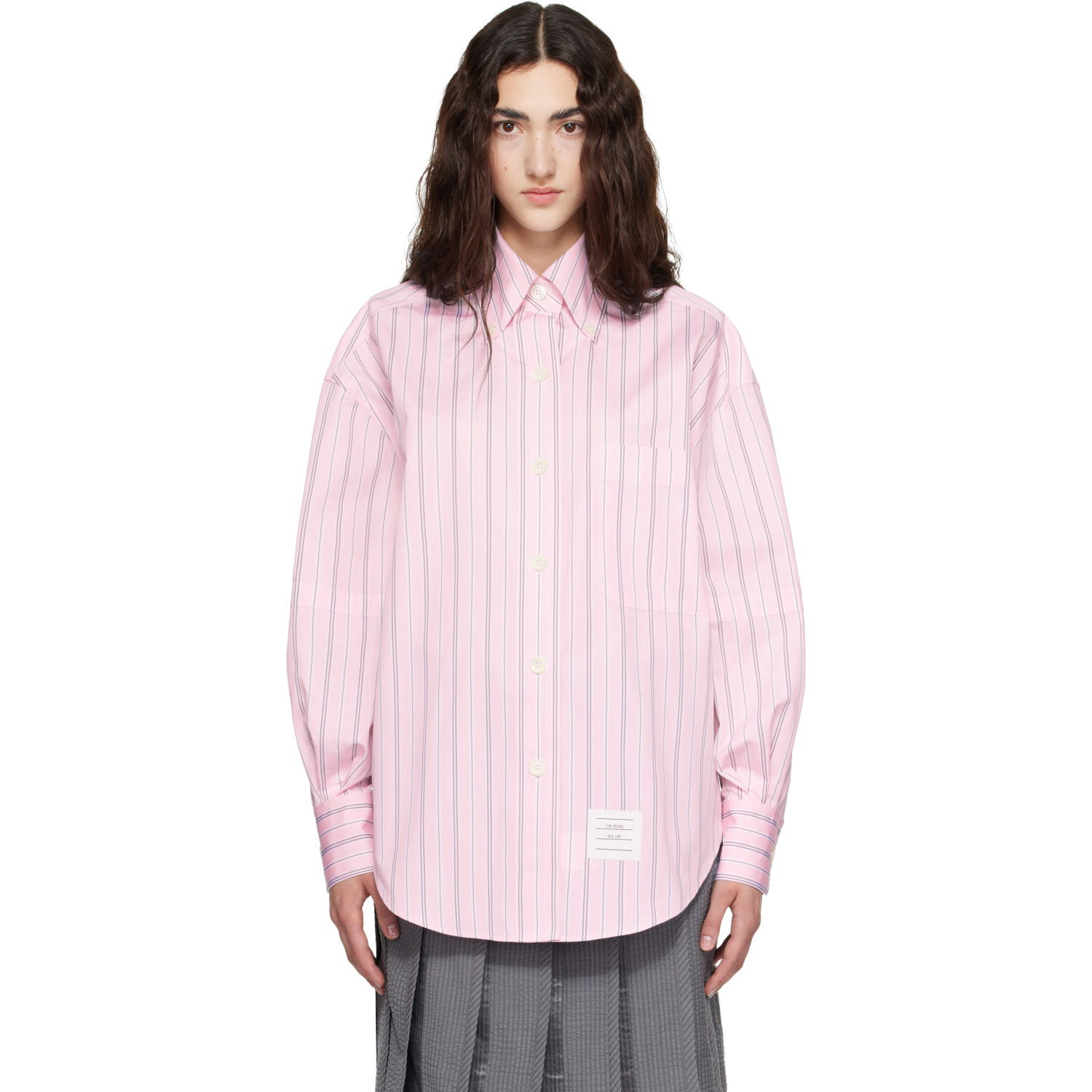Thom Browne Pink Hairline Stripe Poplin Supersized Shirt