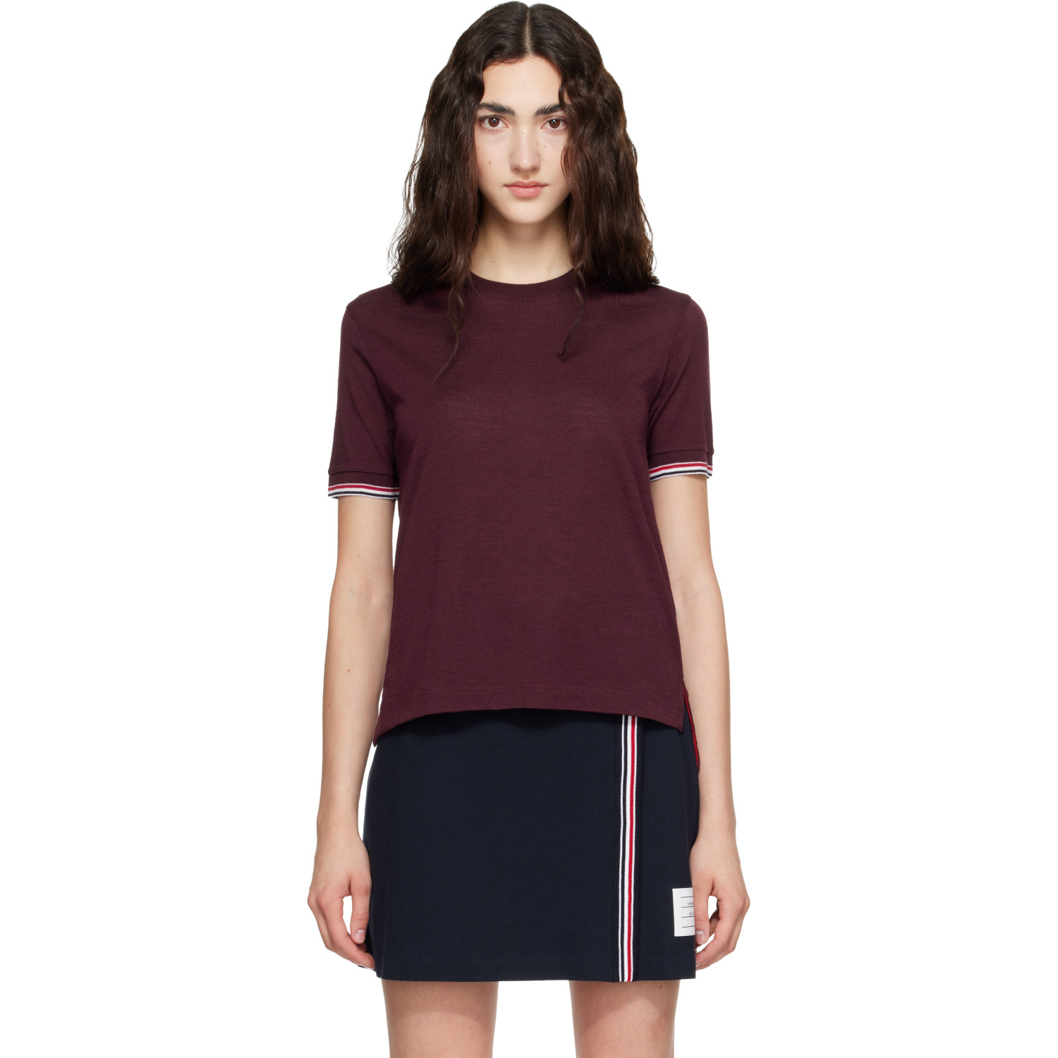 Thom Browne Burgundy Rib Cuff RWB Tipping Wool Jersey T-shirt