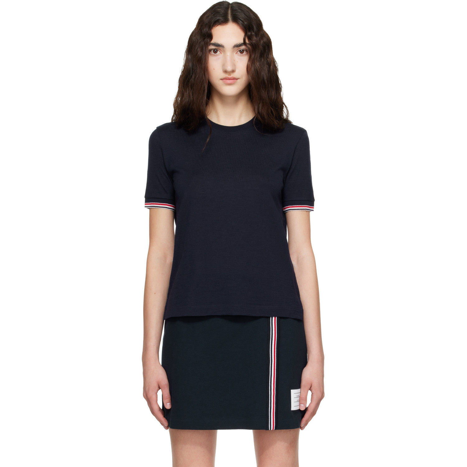 Thom Browne Navy Rib Cuff RWB Tipping Wool Jersey T-shirt