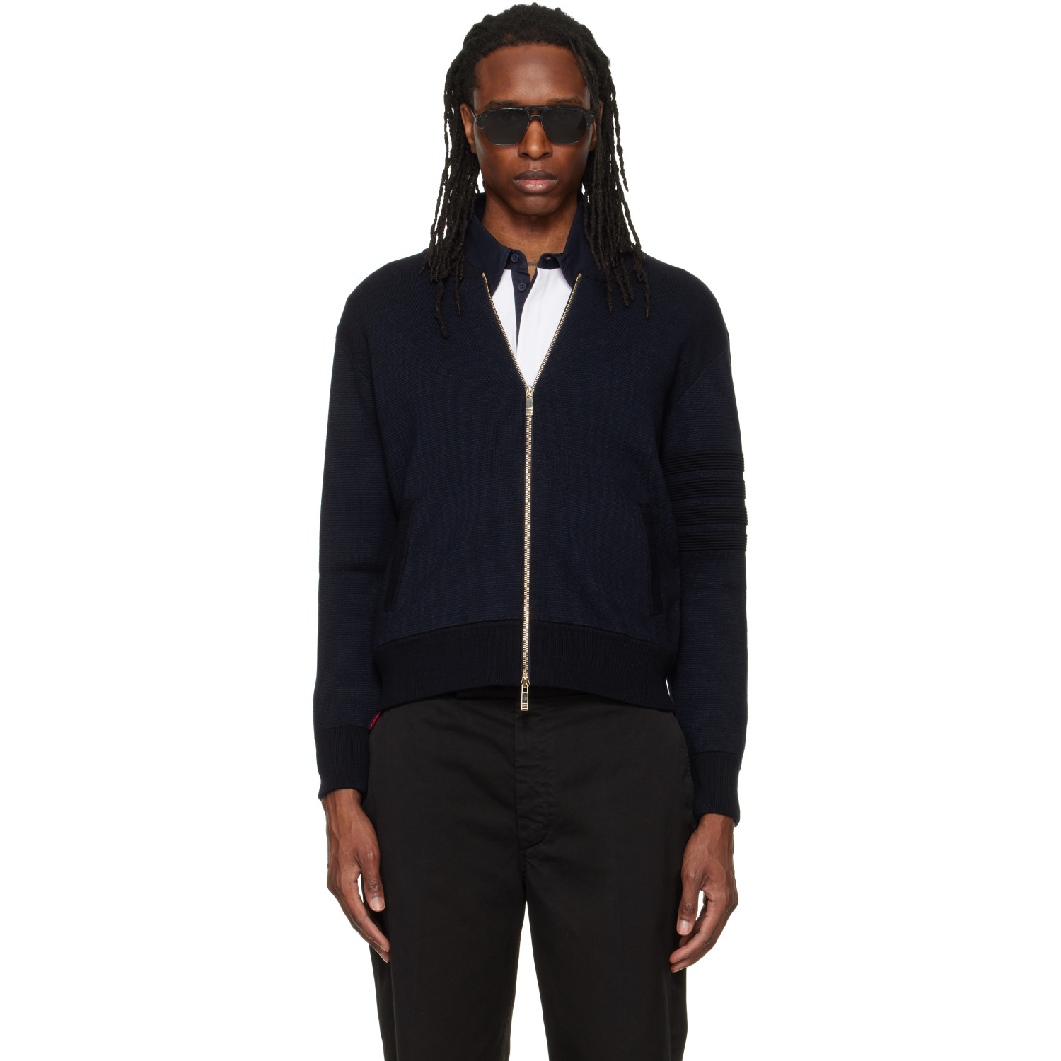 Thom Browne Navy Ottoman Milano Stitch 4-Bar Bomber Jacket