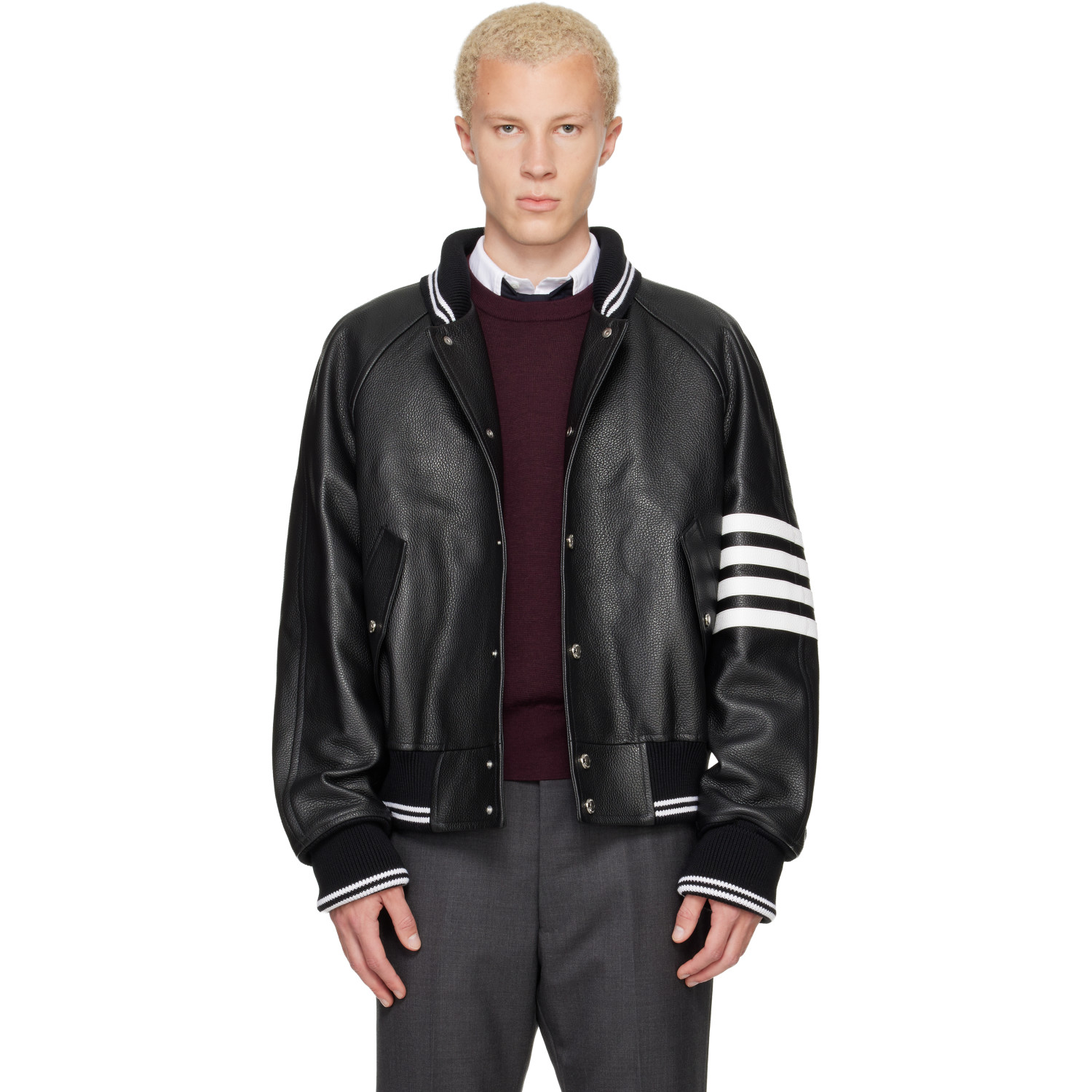 Thom Browne Black Raglan Sleeve Oversized Leather Blouson Jacket