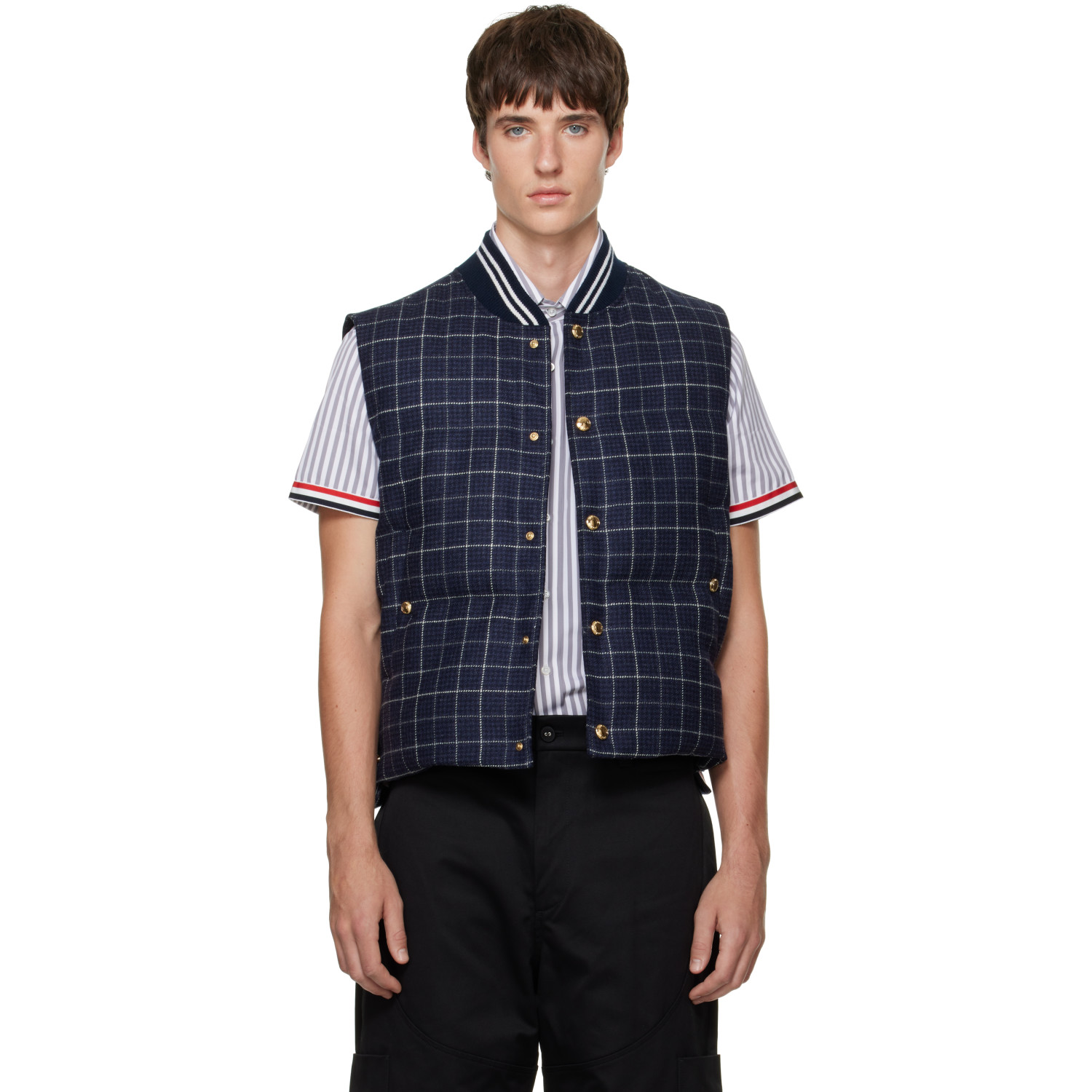 Thom Browne Navy Down Snap-Front Windowpane Tweed Vest