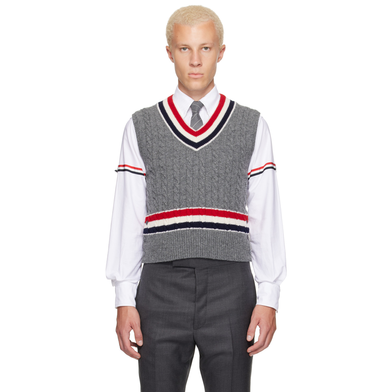 Thom Browne Gray Baby Cable V-Neck Cricket RWB Vest