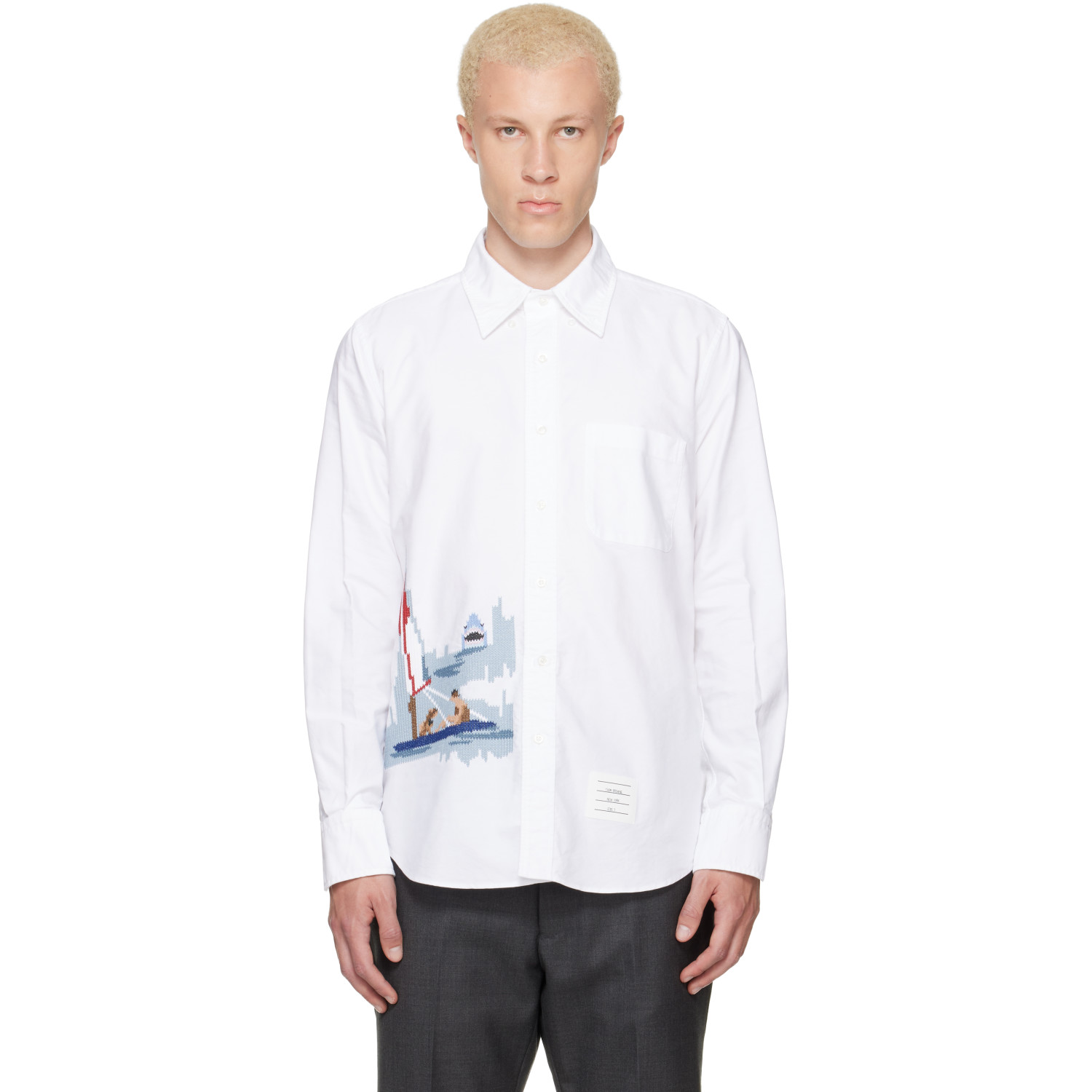 Thom Browne White Scenic Sailboat & Shark Oxford Shirt