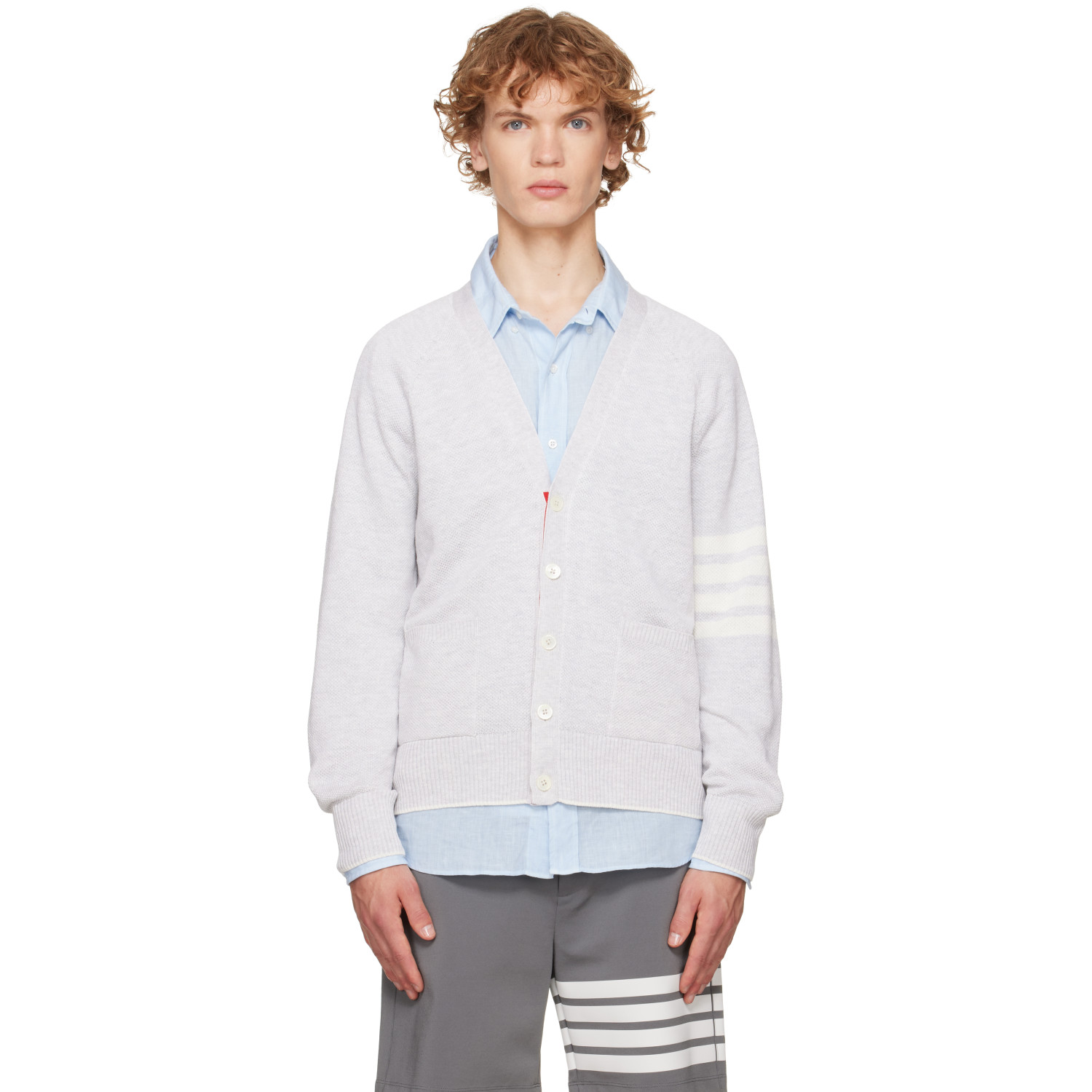 Thom Browne Gray Linen Cotton 4-Bar Relaxed Fit Cardigan