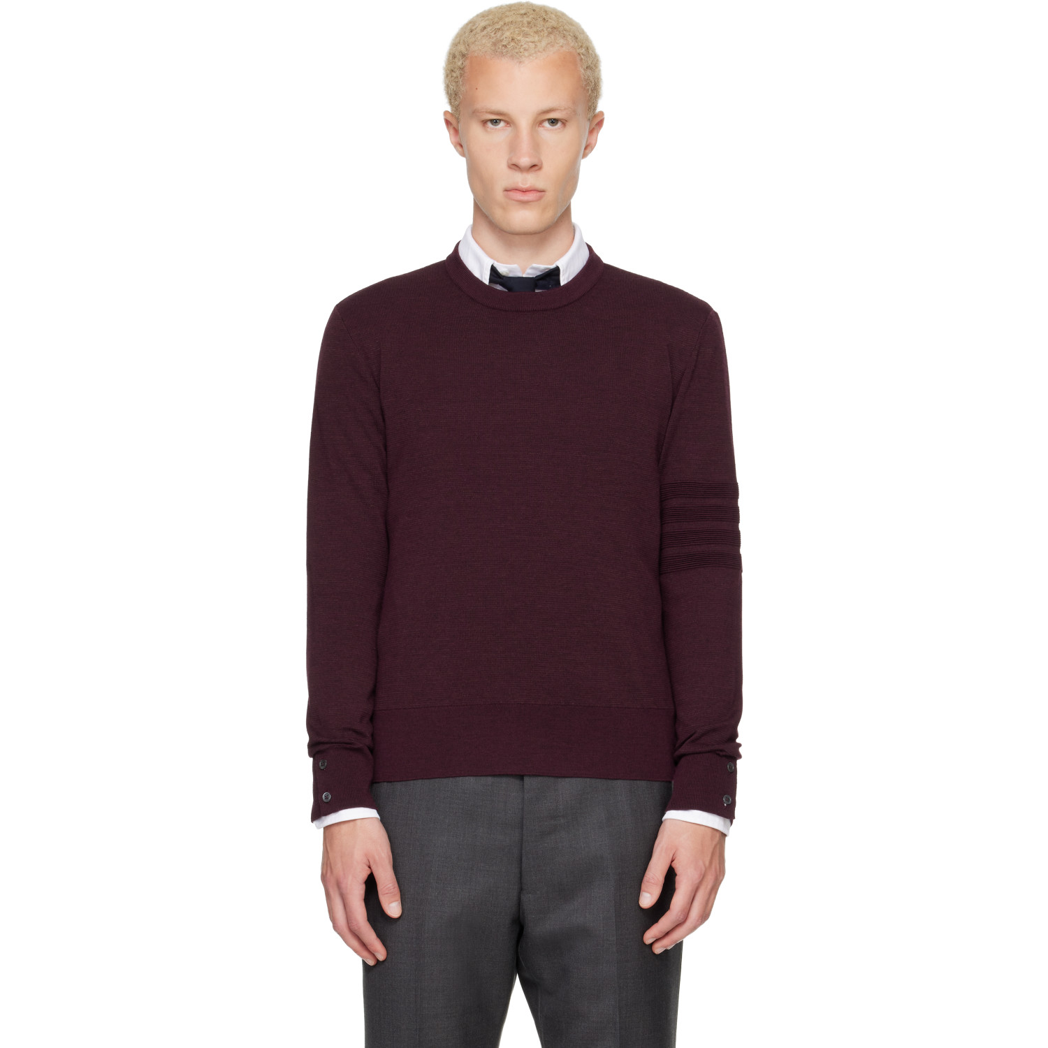Thom Browne Burgundy Ottoman Milano Stitch 4-Bar Bomber Sweater