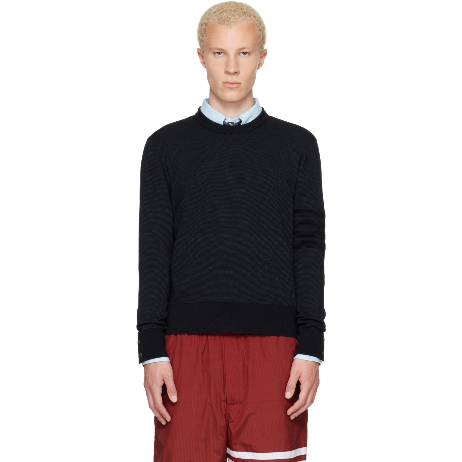 Thom Browne Navy Ottoman Milano Stitch 4-Bar Bomber Sweater