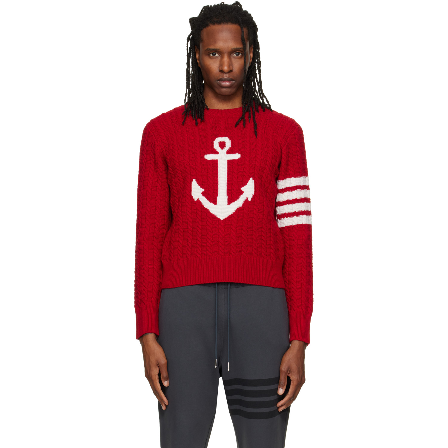 Thom Browne Red Merino Wool 4-Bar Intarsia Anchor Sweater