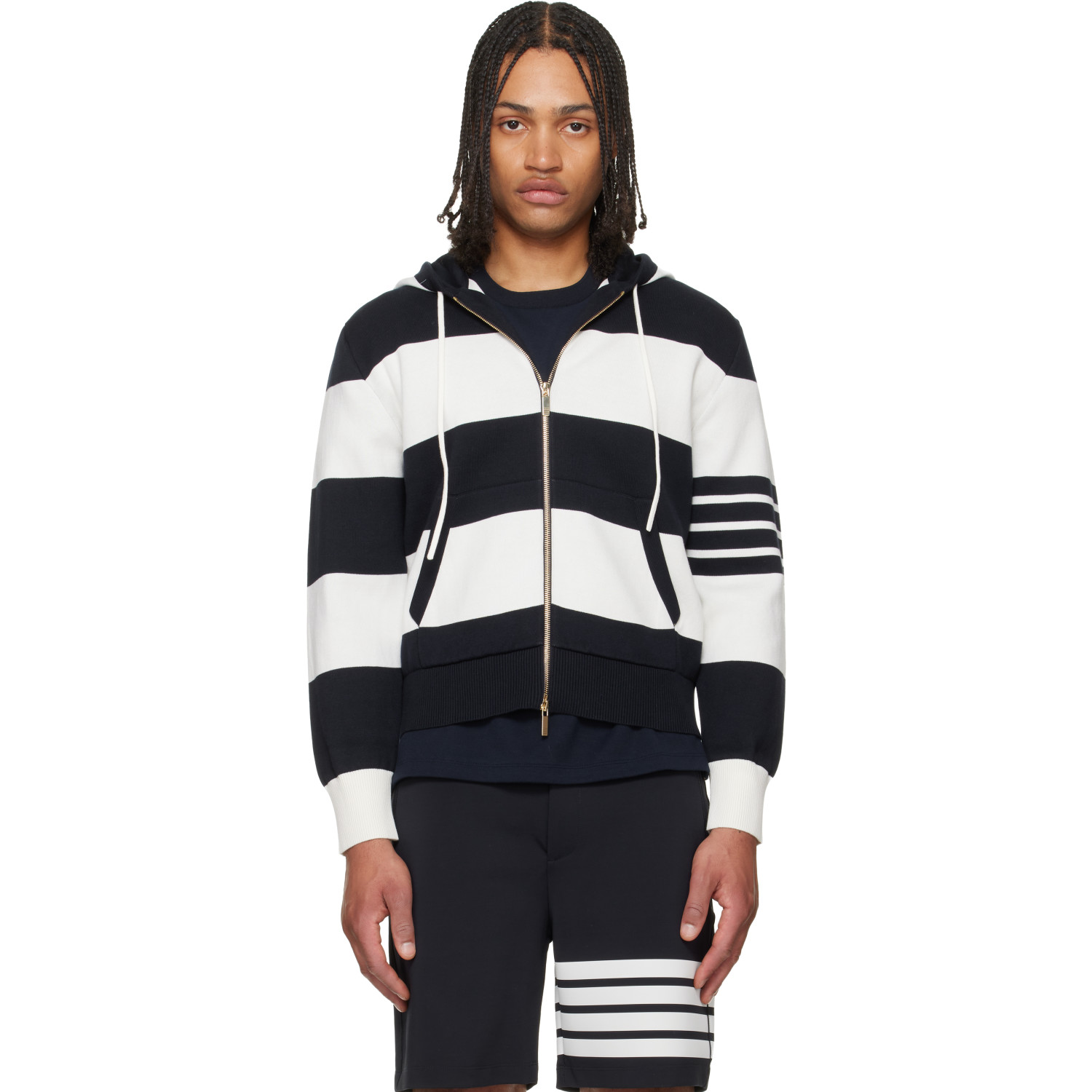 Thom Browne Navy & White Hector 4-Bar Rugby Hoodie