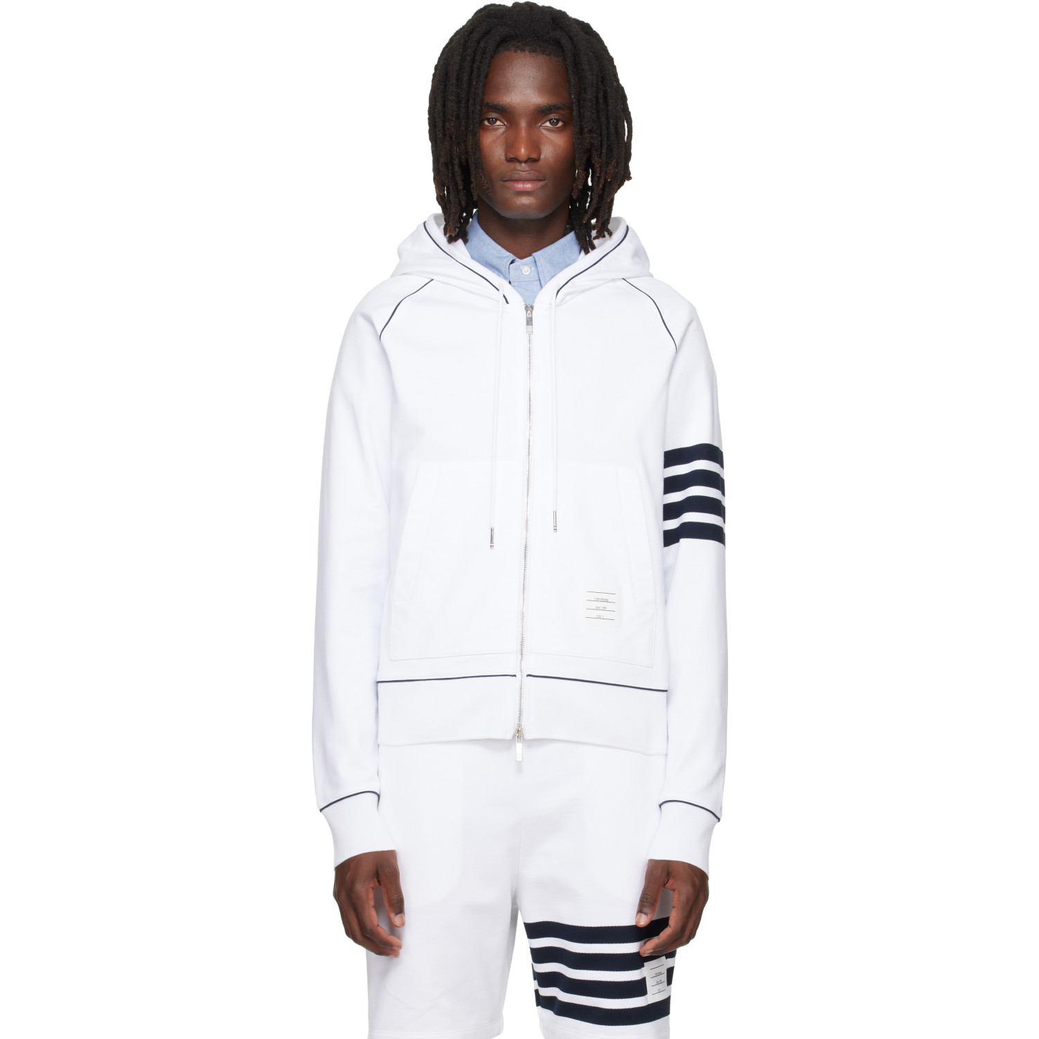 Thom Browne White Loopback 4-Bar Zip Up Hoodie