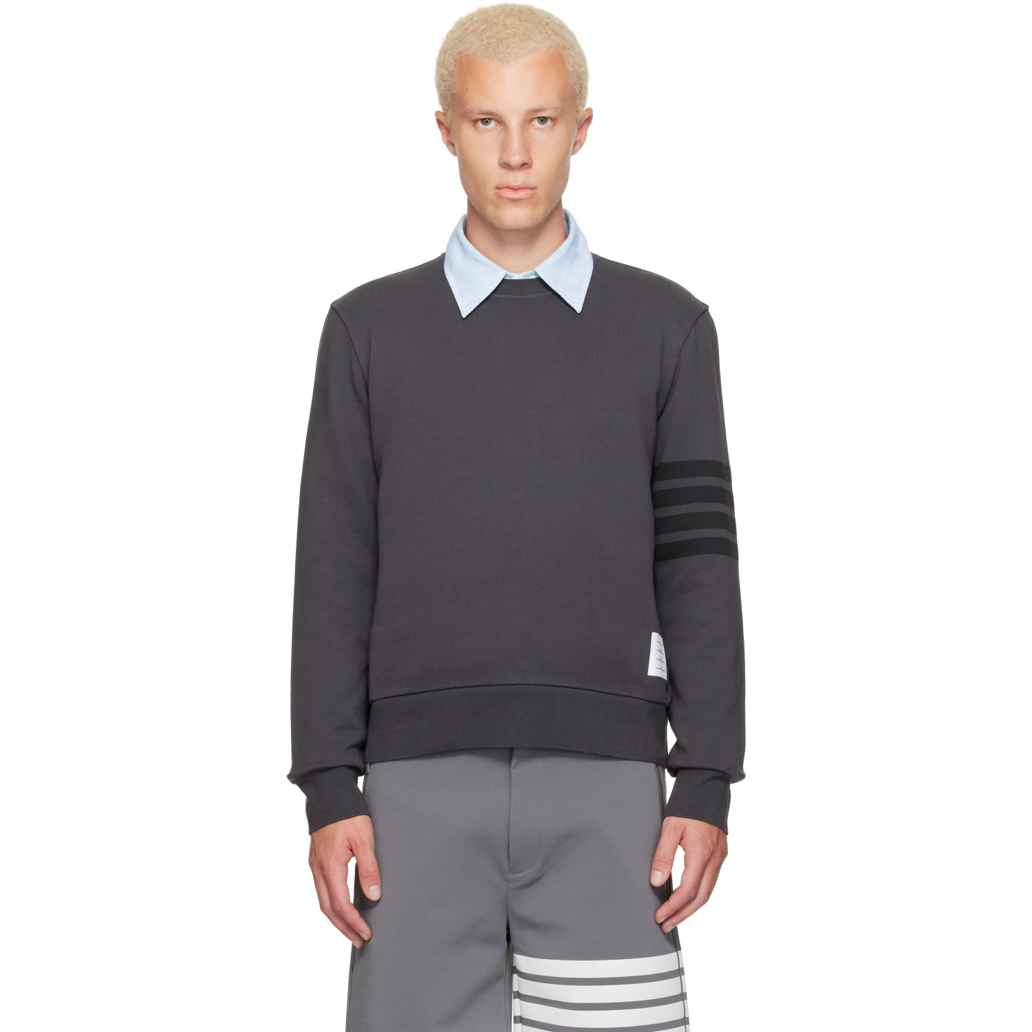 Thom Browne Gray Long Sleeve Tonal Printed 4 Bar Crewneck