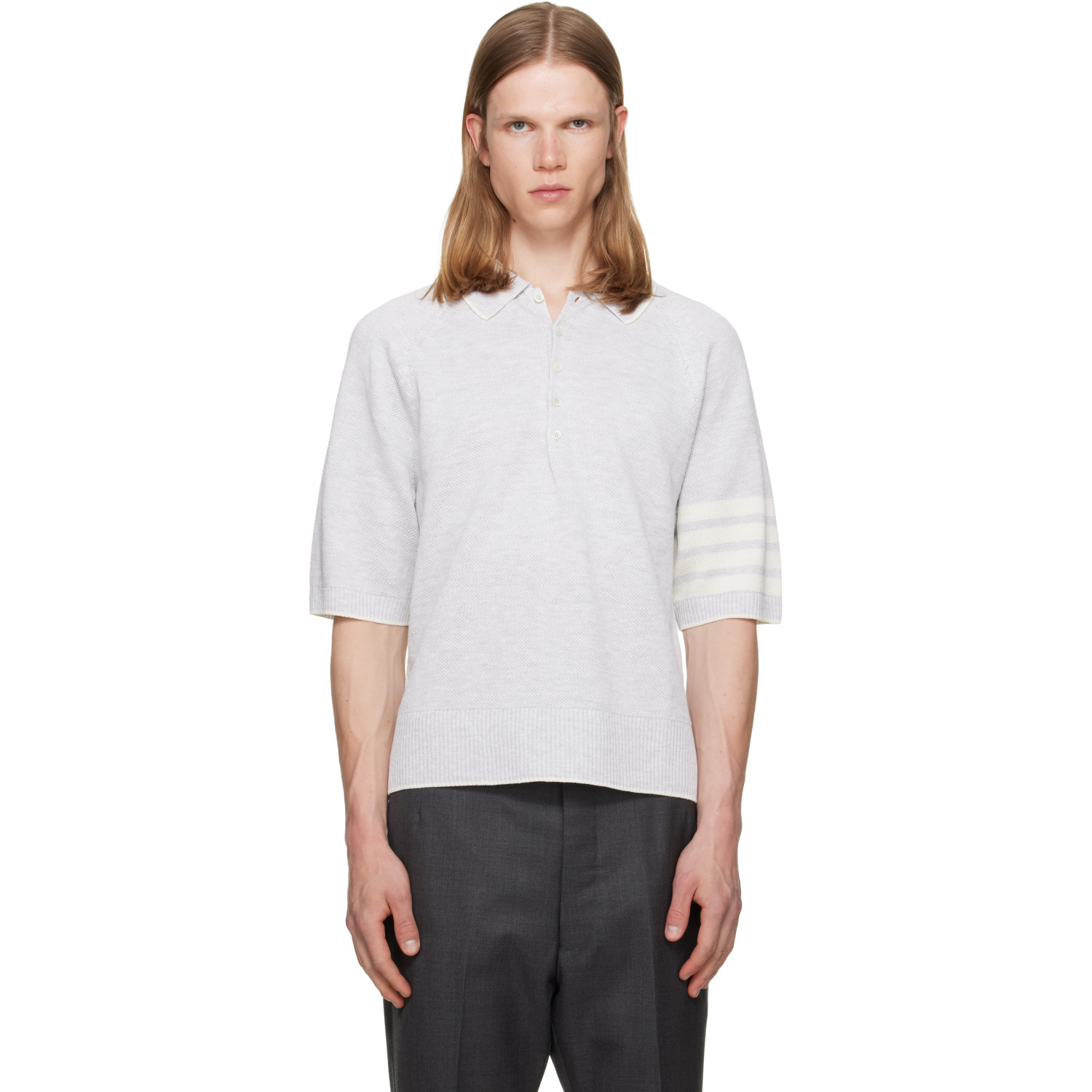 Thom Browne Gray Linen Cotton 4-Bar Relaxed Fit Polo