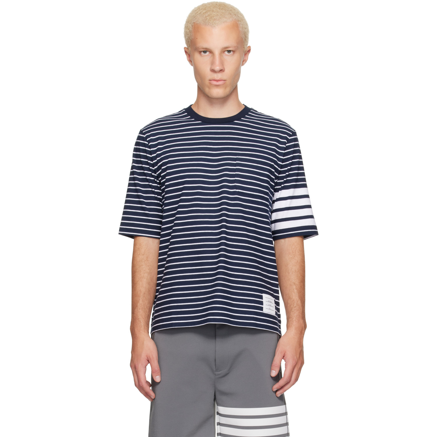 Thom Browne Navy & White Jersey 4-Bar Knit Pocket T-shirt
