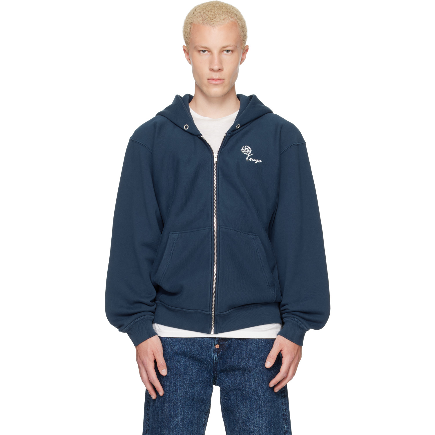 Kenzo Navy Kenzo Paris 'KENZO Tulip' Embroidered Zip Up Hoodie