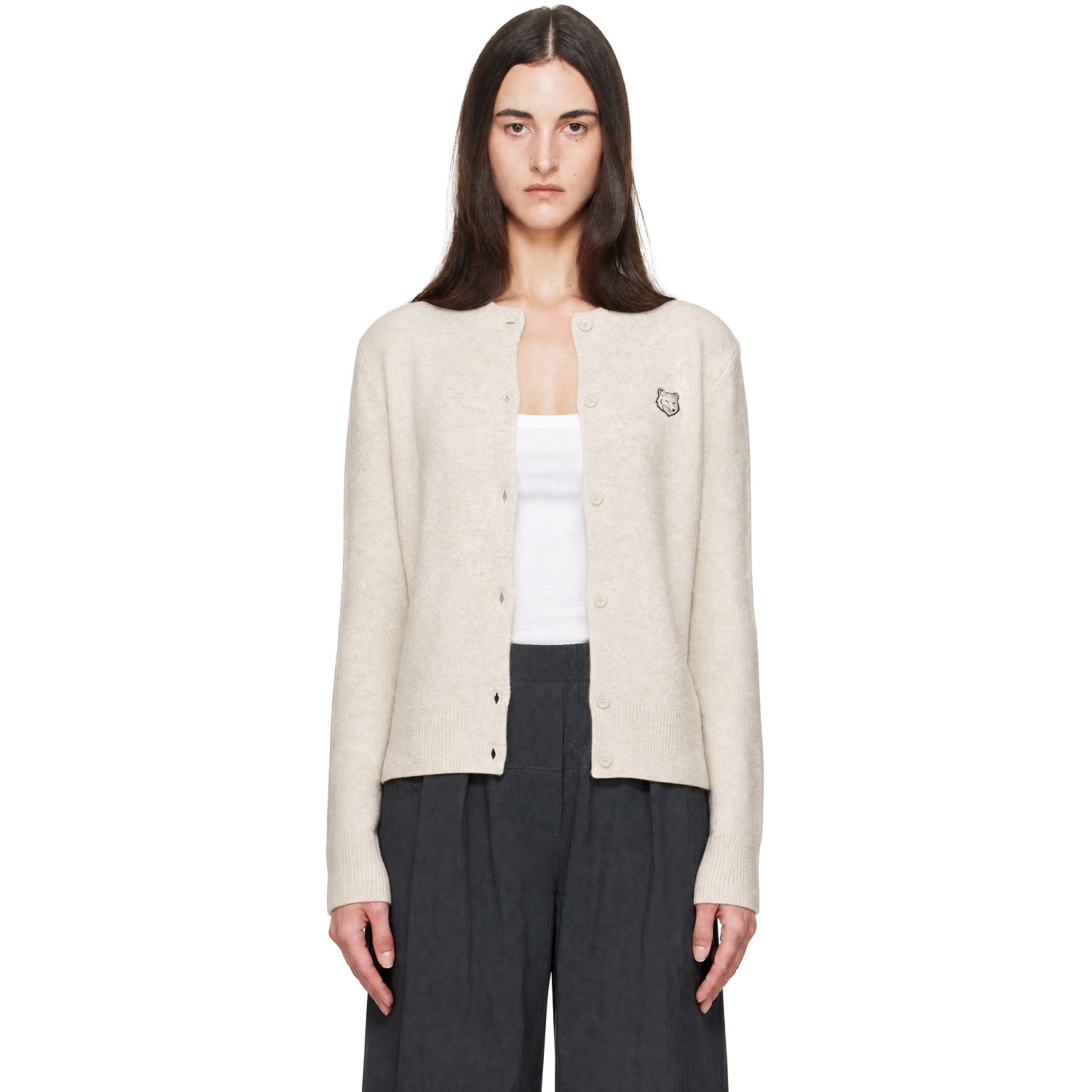Maison Kitsuné Beige Fox Head Lambswool High Neck Cardigan