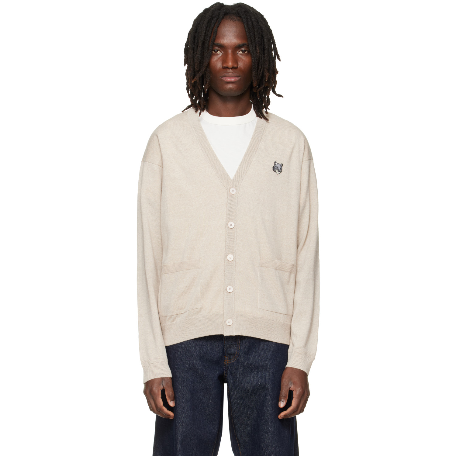 Maison Kitsuné Beige Fox Head Merino Comfort Cardigan