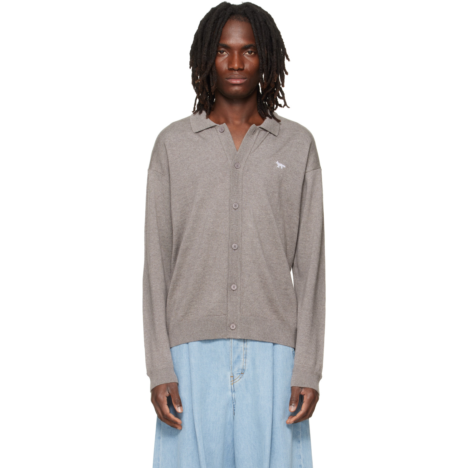 Maison Kitsuné Taupe Profile Fox Comfort Polo Cardigan