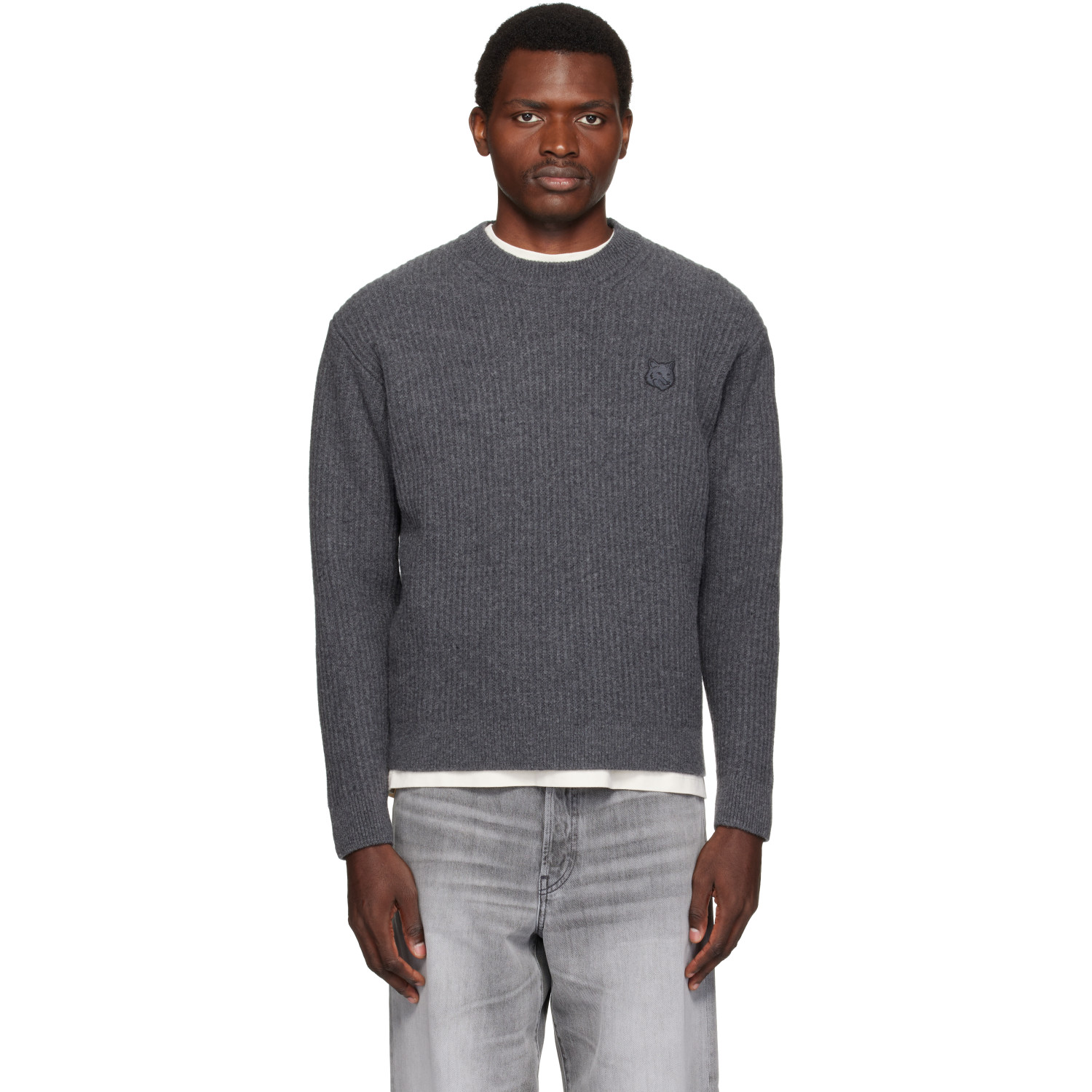 Maison Kitsuné Gray Fox Head Wool Ribbed Sweater