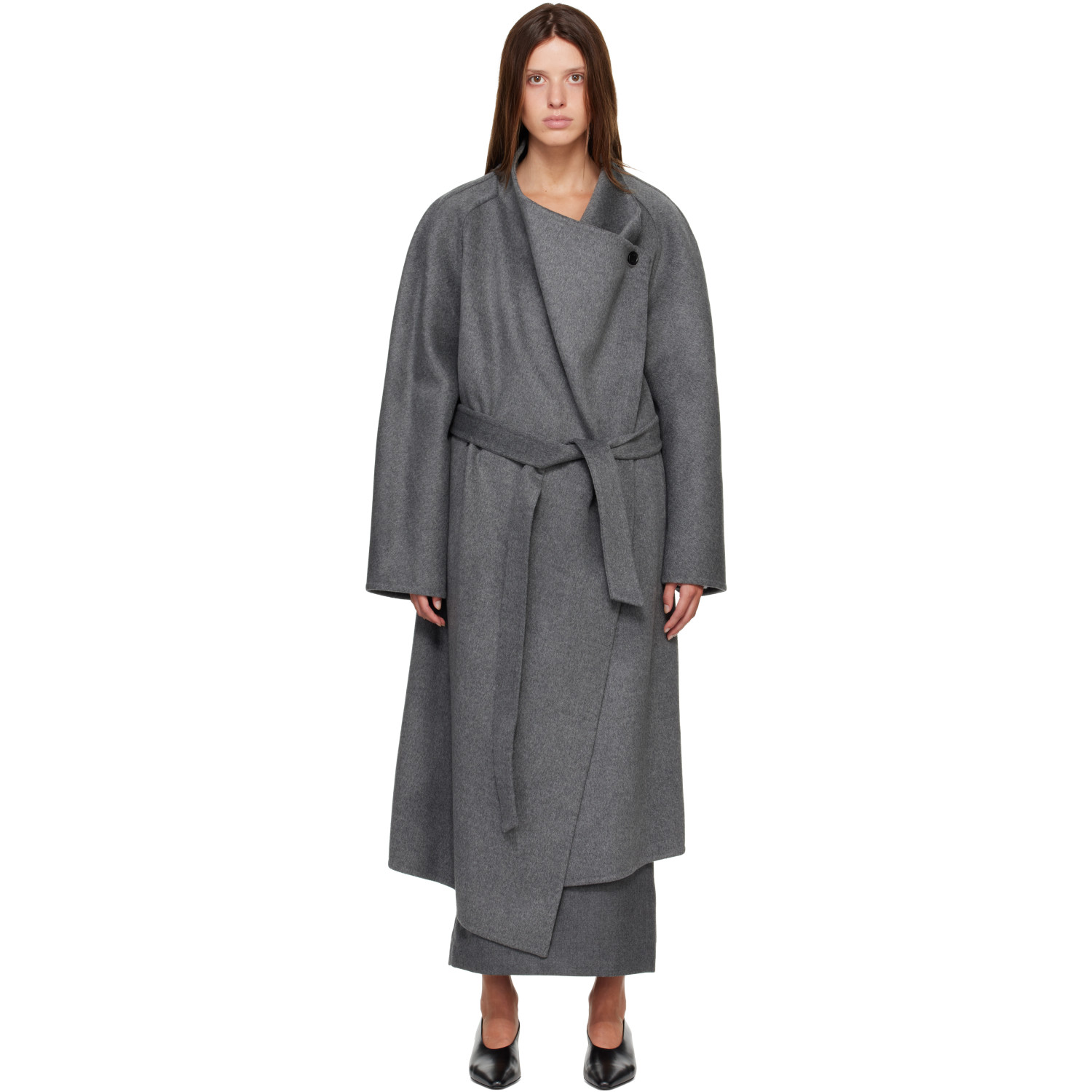 R2W Gray Porin Draped Button Wool Cash Coat