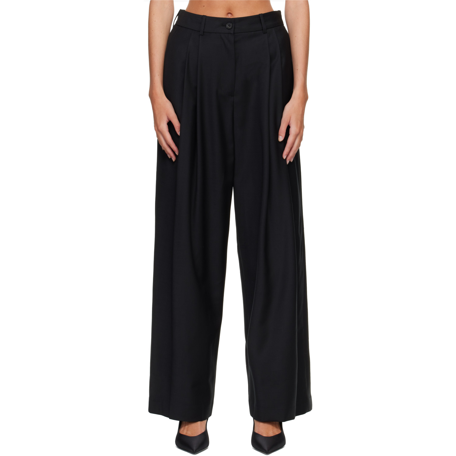 R2W Black Orielle Wool Wide Tapered Trousers