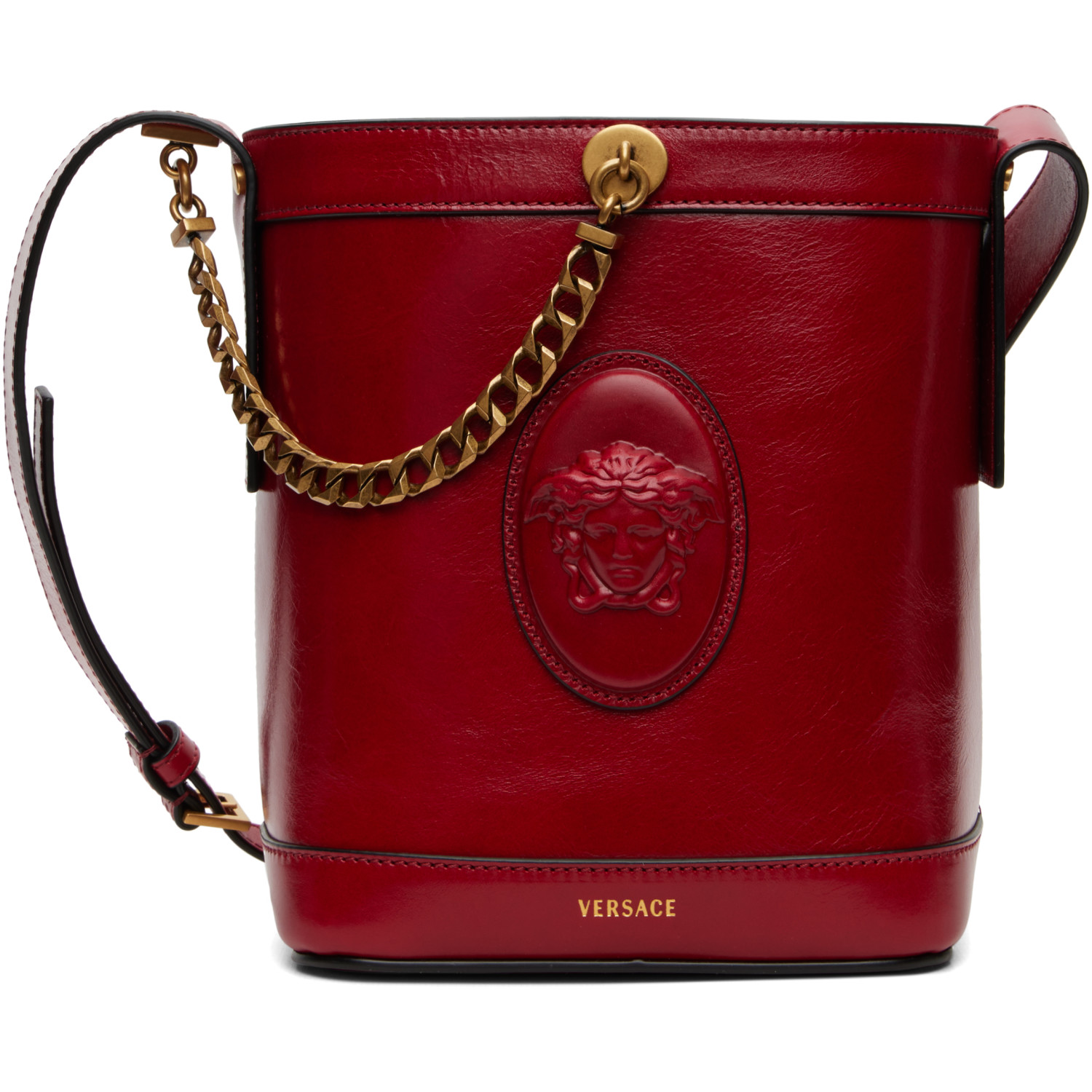 Versace Red Pivot Mini Leather Bucket Bag In 1rf1j-fire-gold '82