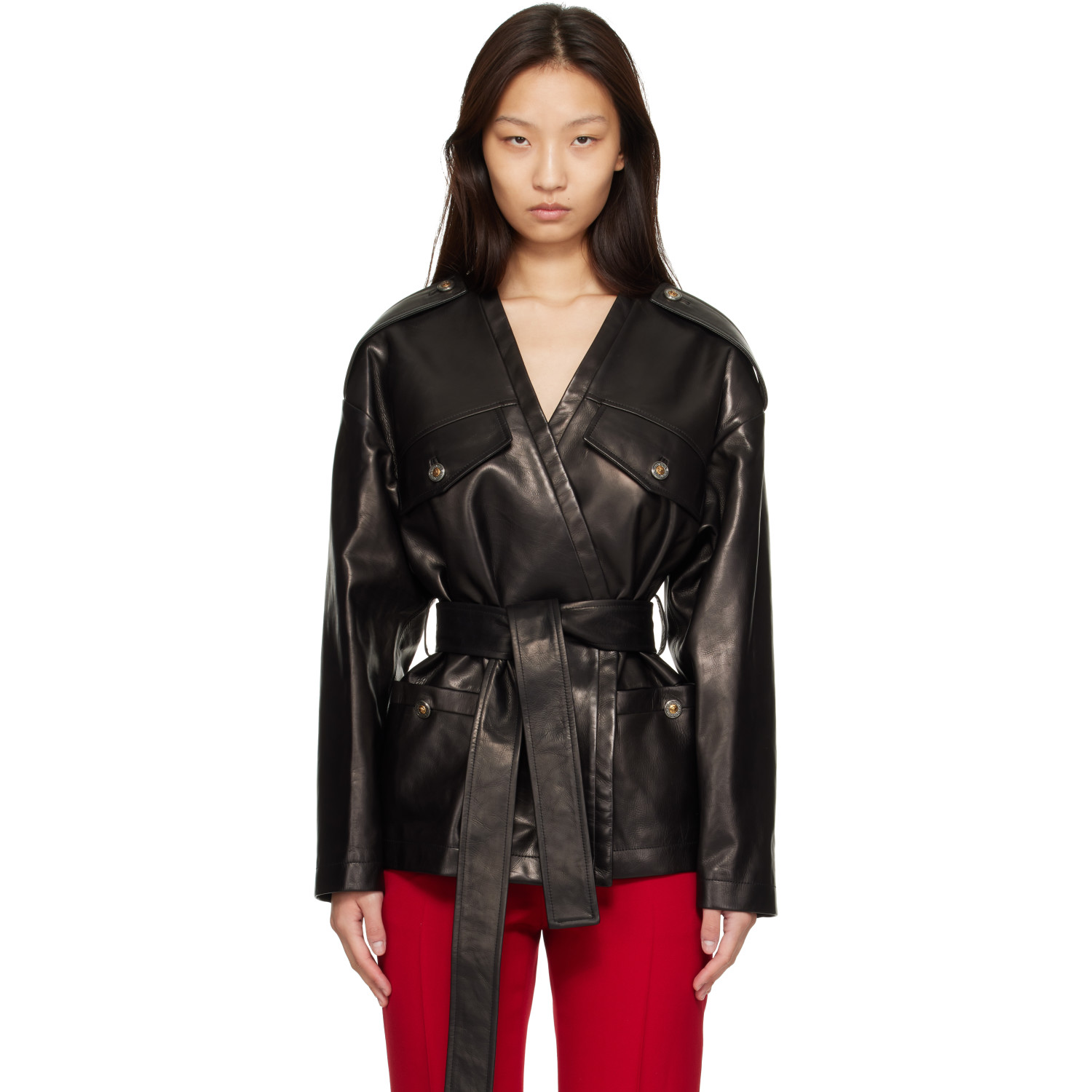Versace Black V-Neck Blouson Leather Jacket
