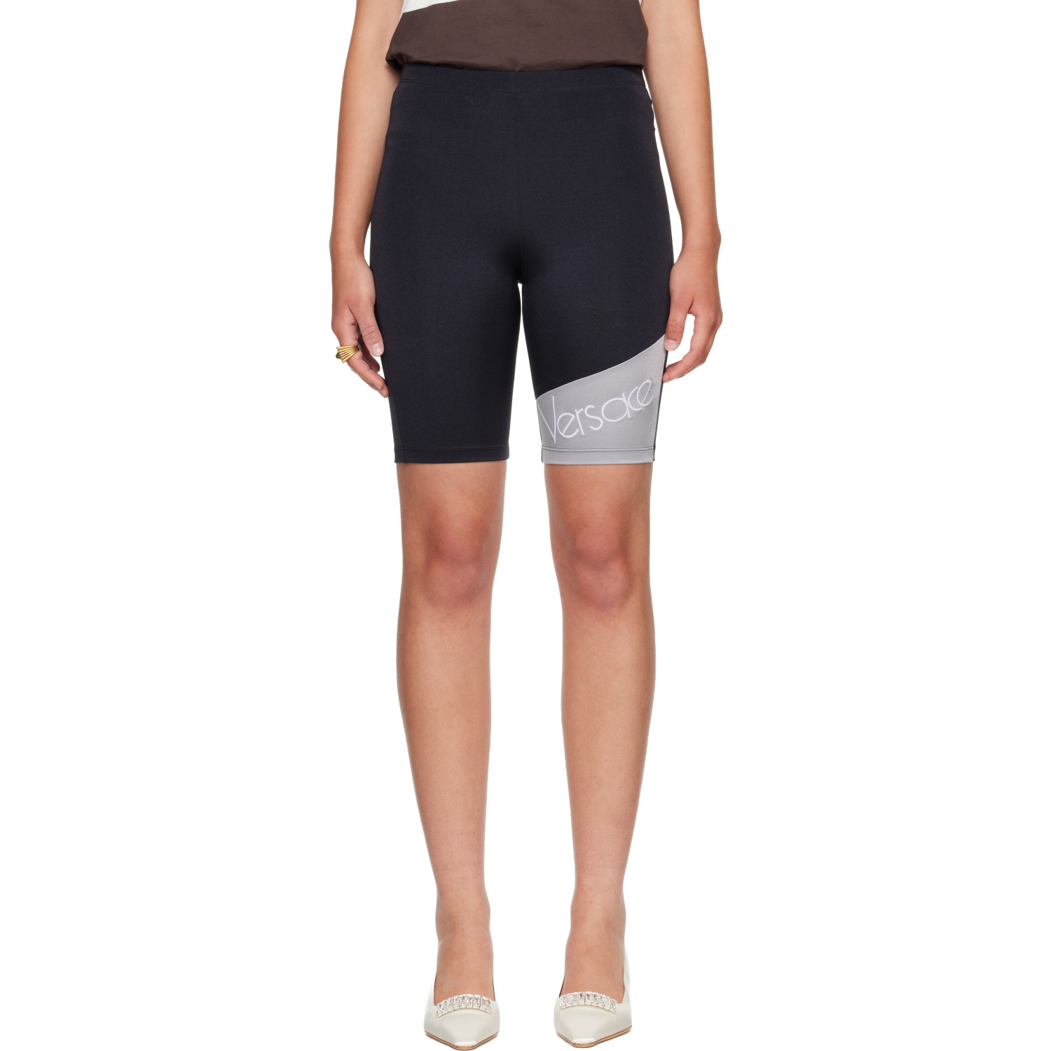 Versace Black Embroidered-Logo Bicycle Shorts