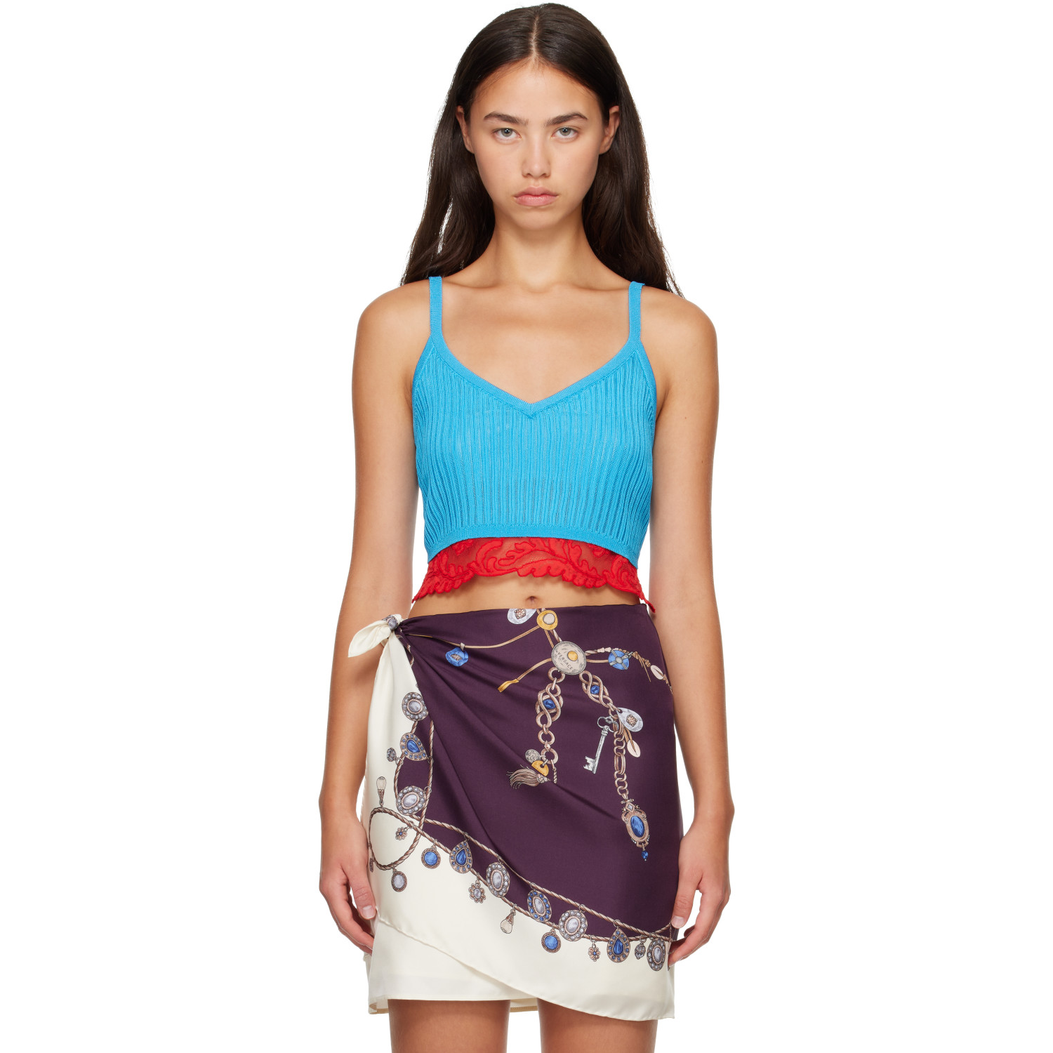 Versace Blue Lace-Trim Viscose-Blend Ribbed Knit Tank Top