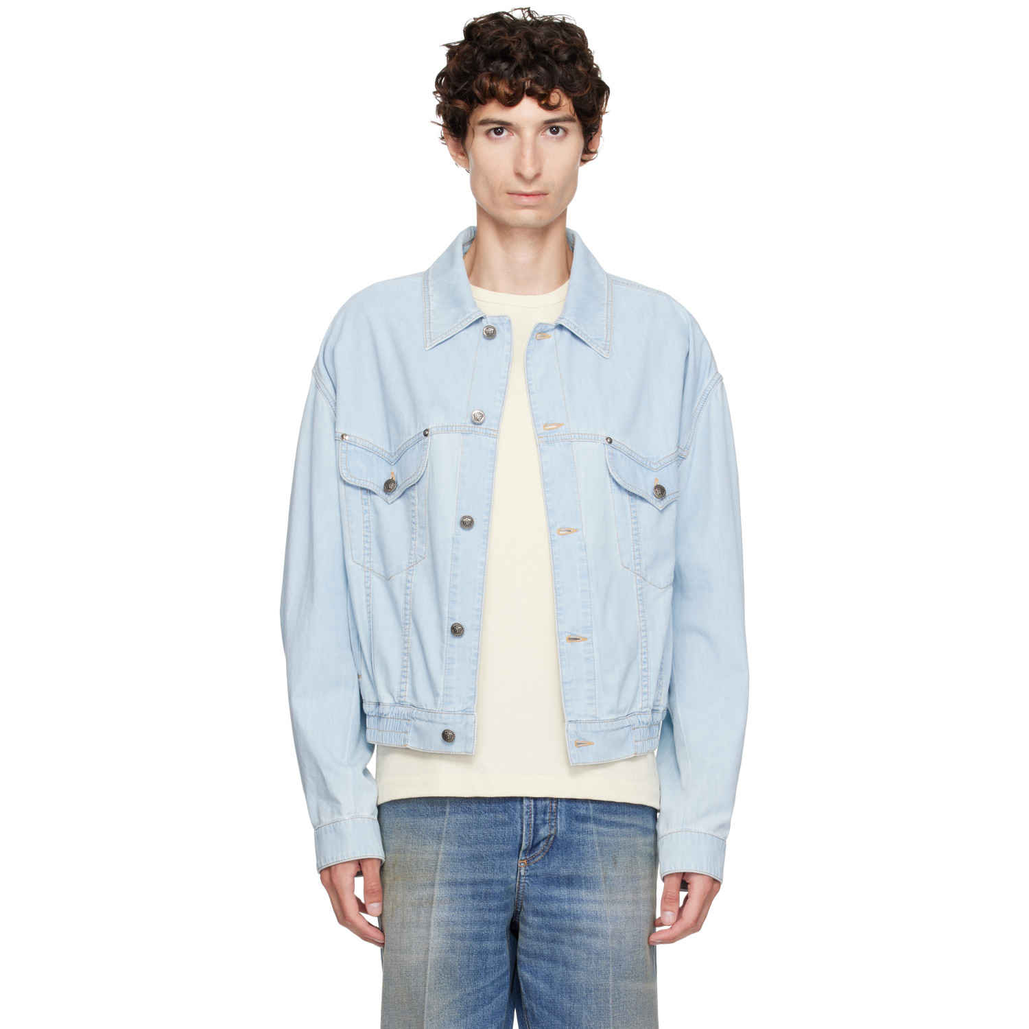 Versace Blue Chambray Denim Bomber Jacket