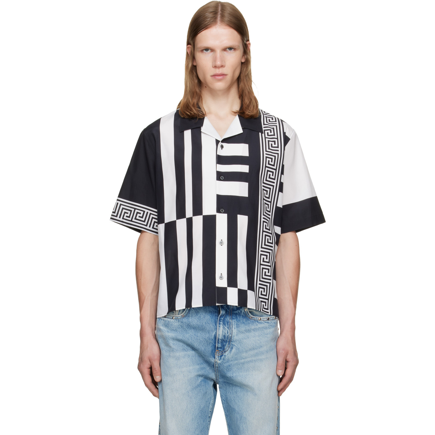 Versace Black & White Printed Cotton Silk Shirt