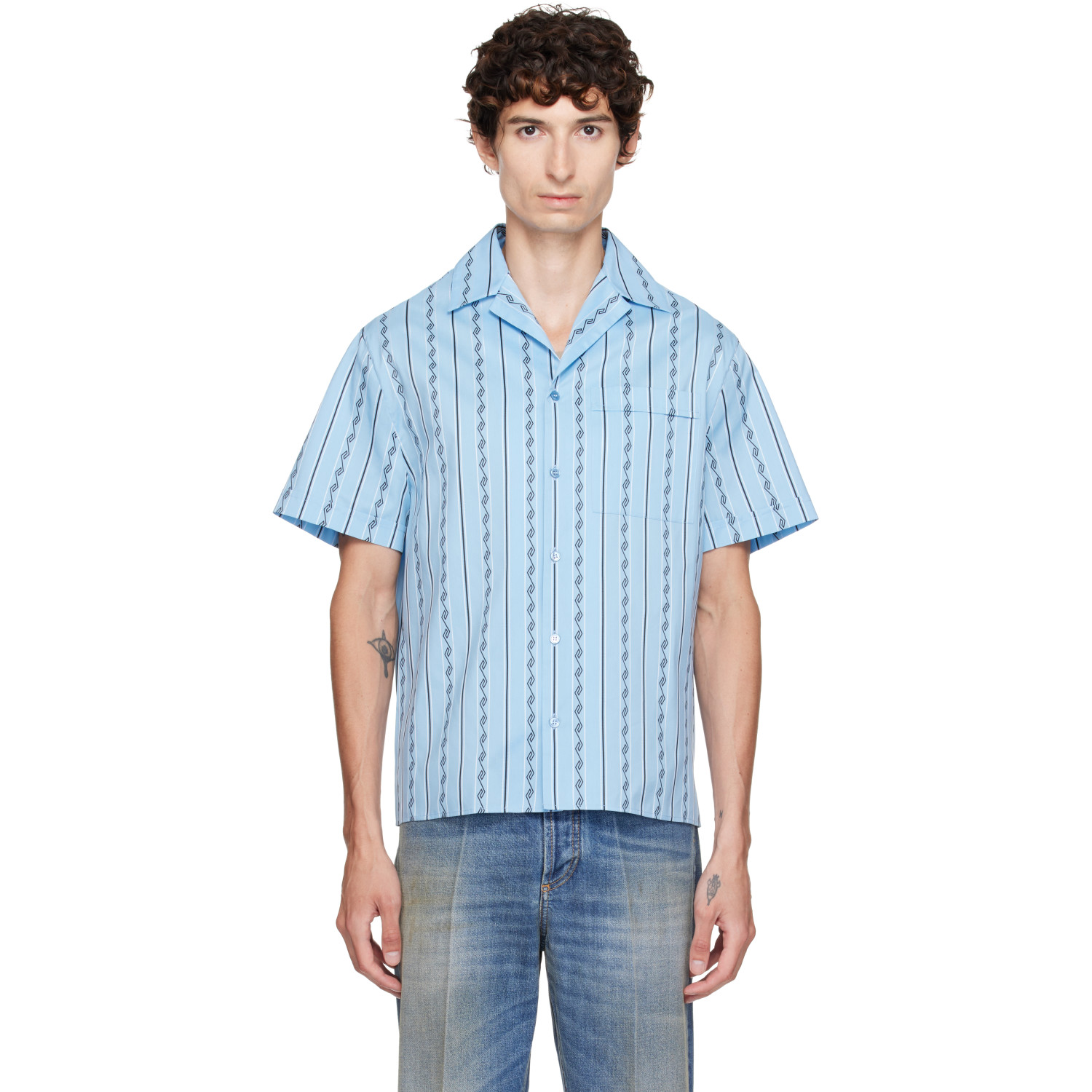 Versace Blue Jacquard Cotton-Silk Regular Shirt