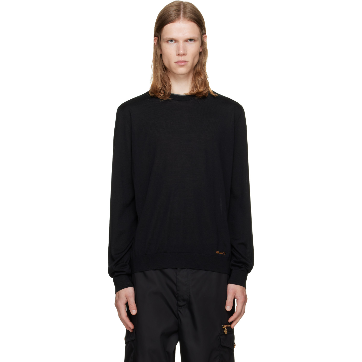 Versace Black Embroidered Wool Knit Crewneck Sweater