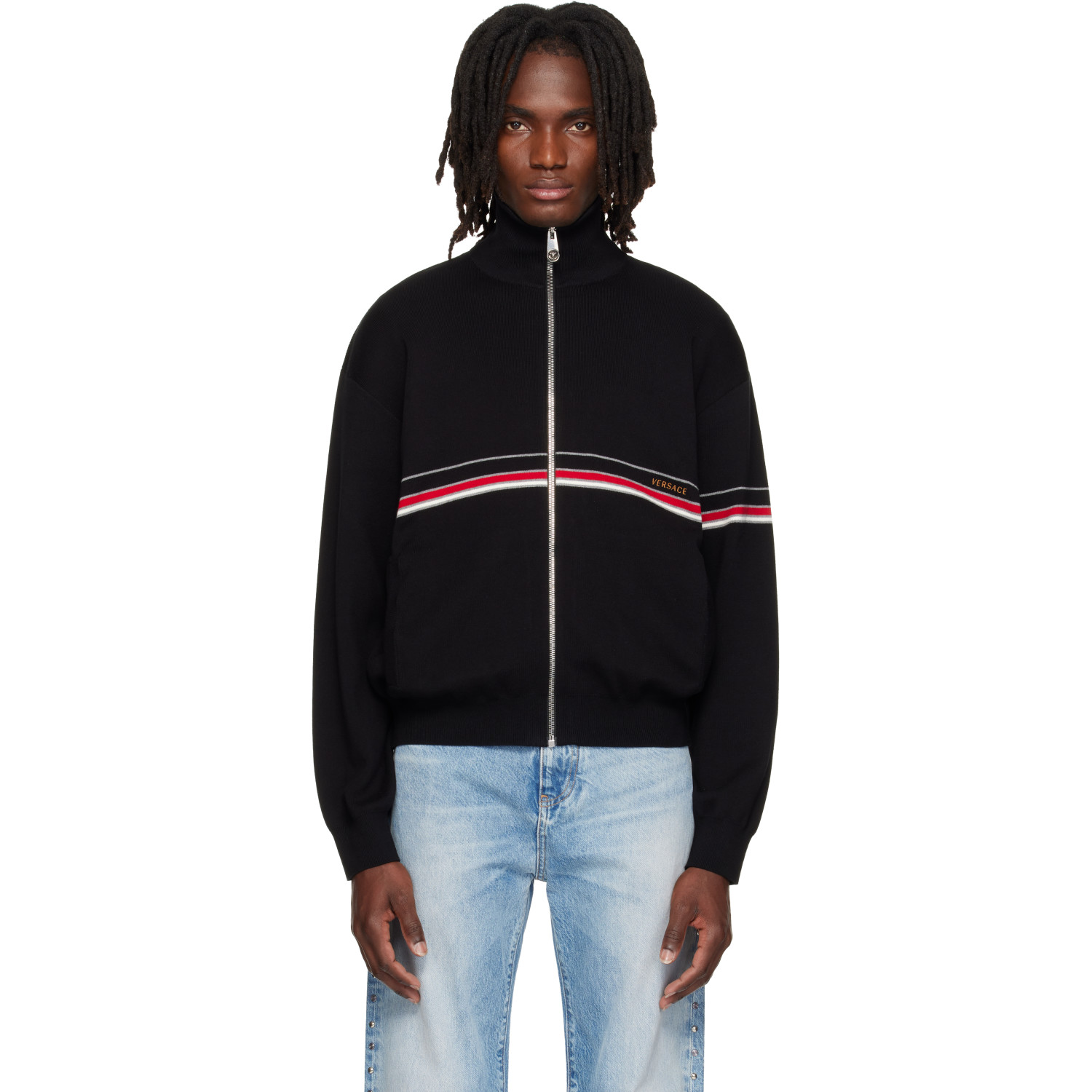 Versace Black Embroidered-Logo Cotton Knit Zip Cardigan