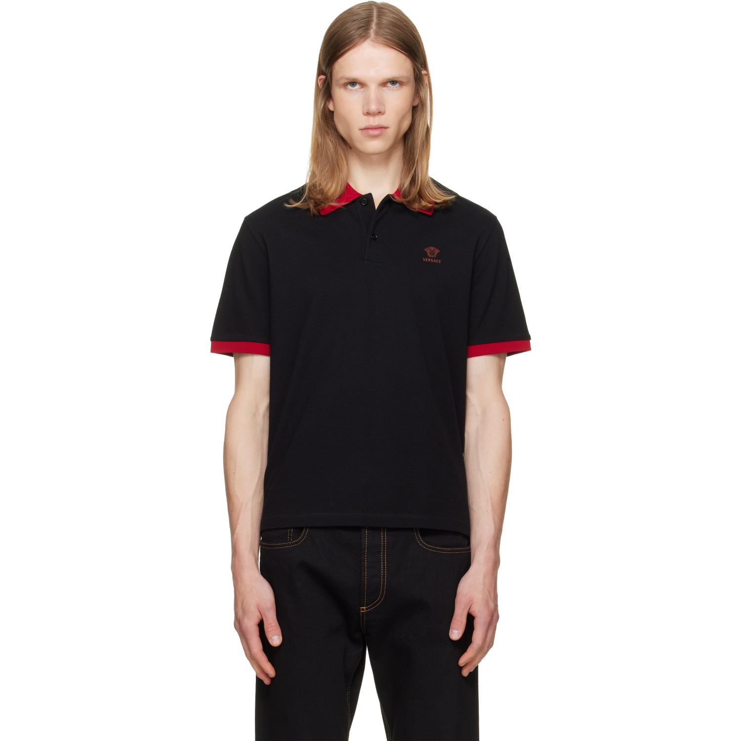 Versace Black Embroidered Cotton Piqué Polo