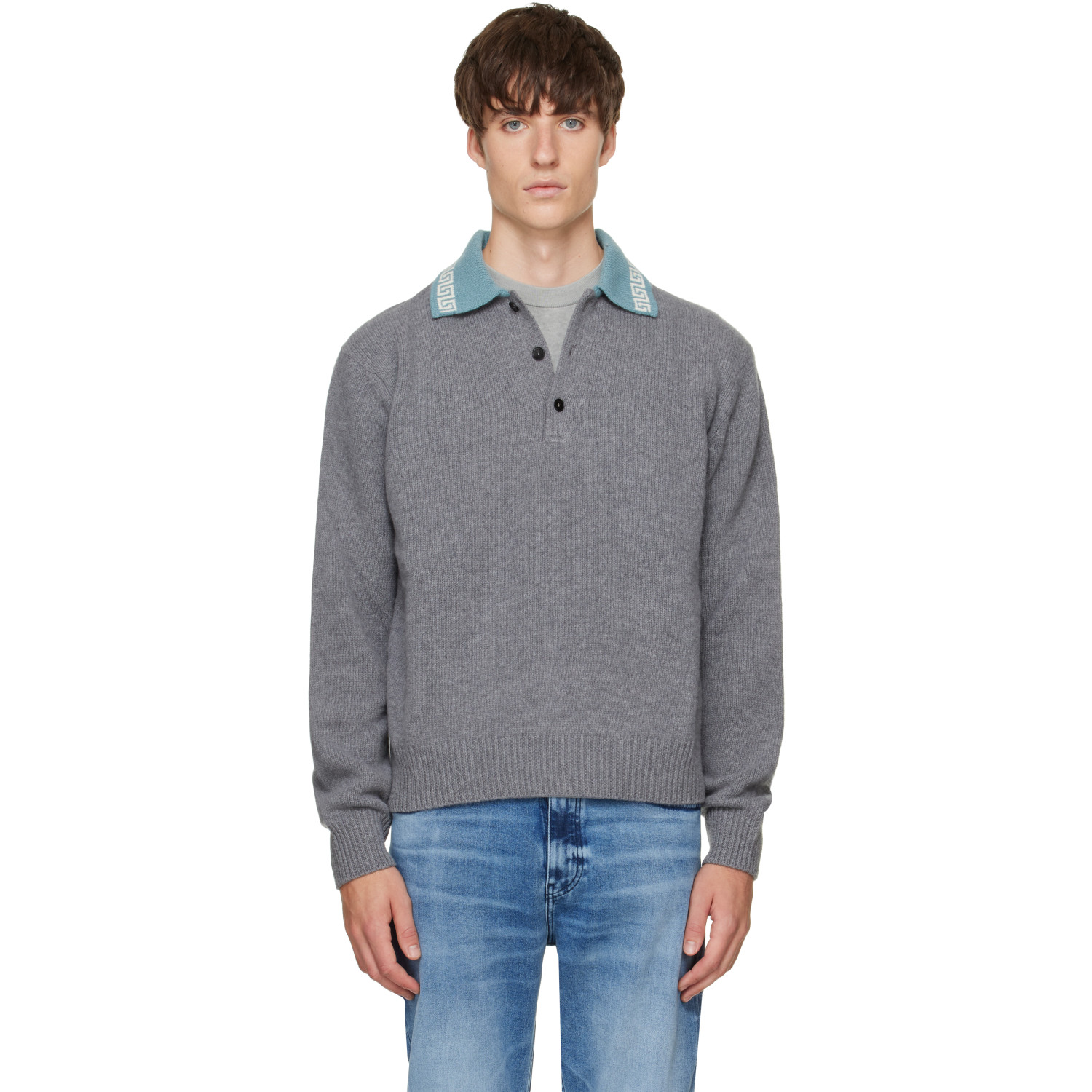 Versace Gray Wool & Cashmere Knit Polo